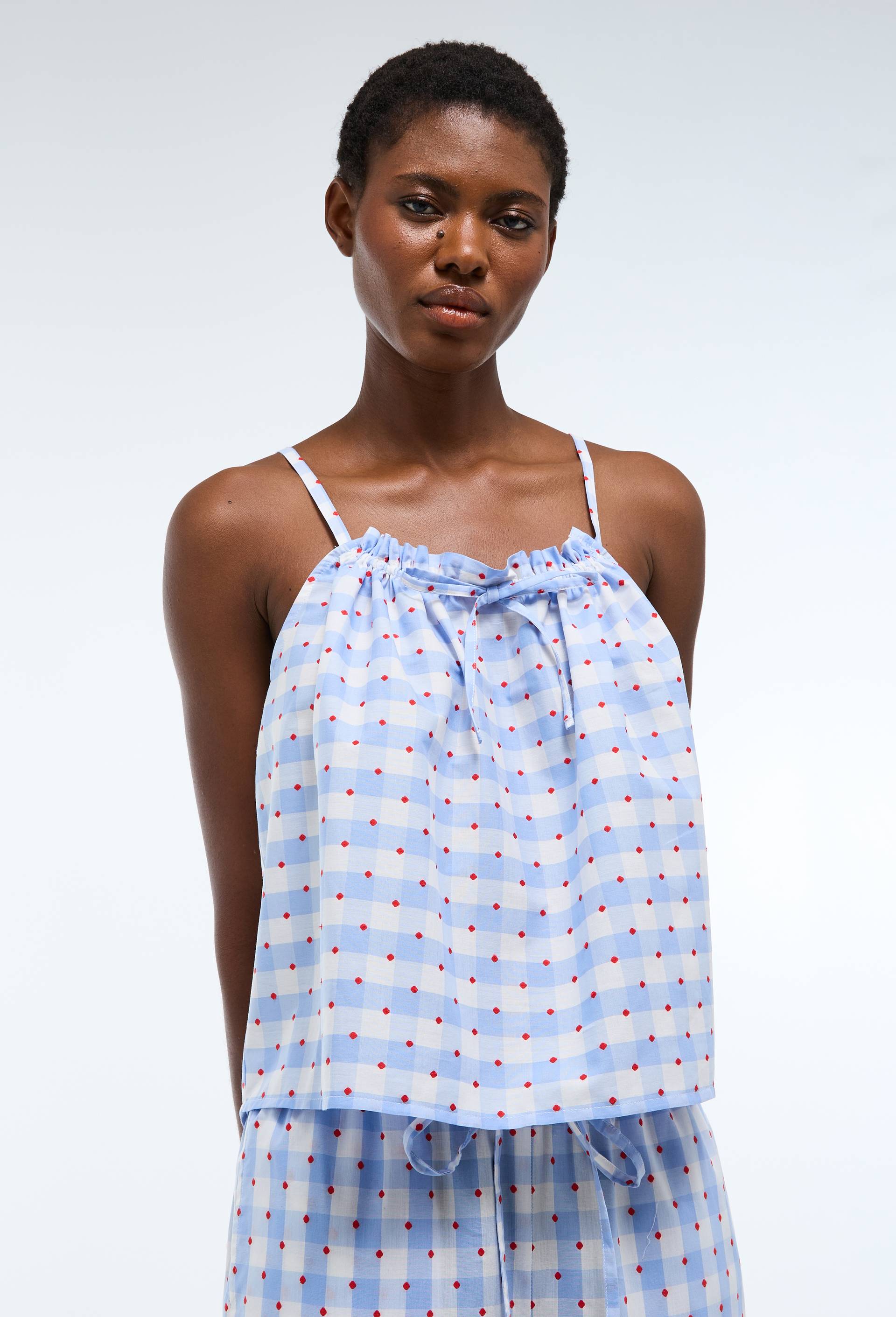 Pyjama &agrave; vichy et pois en voile de coton, Bleu, large image number 1.0