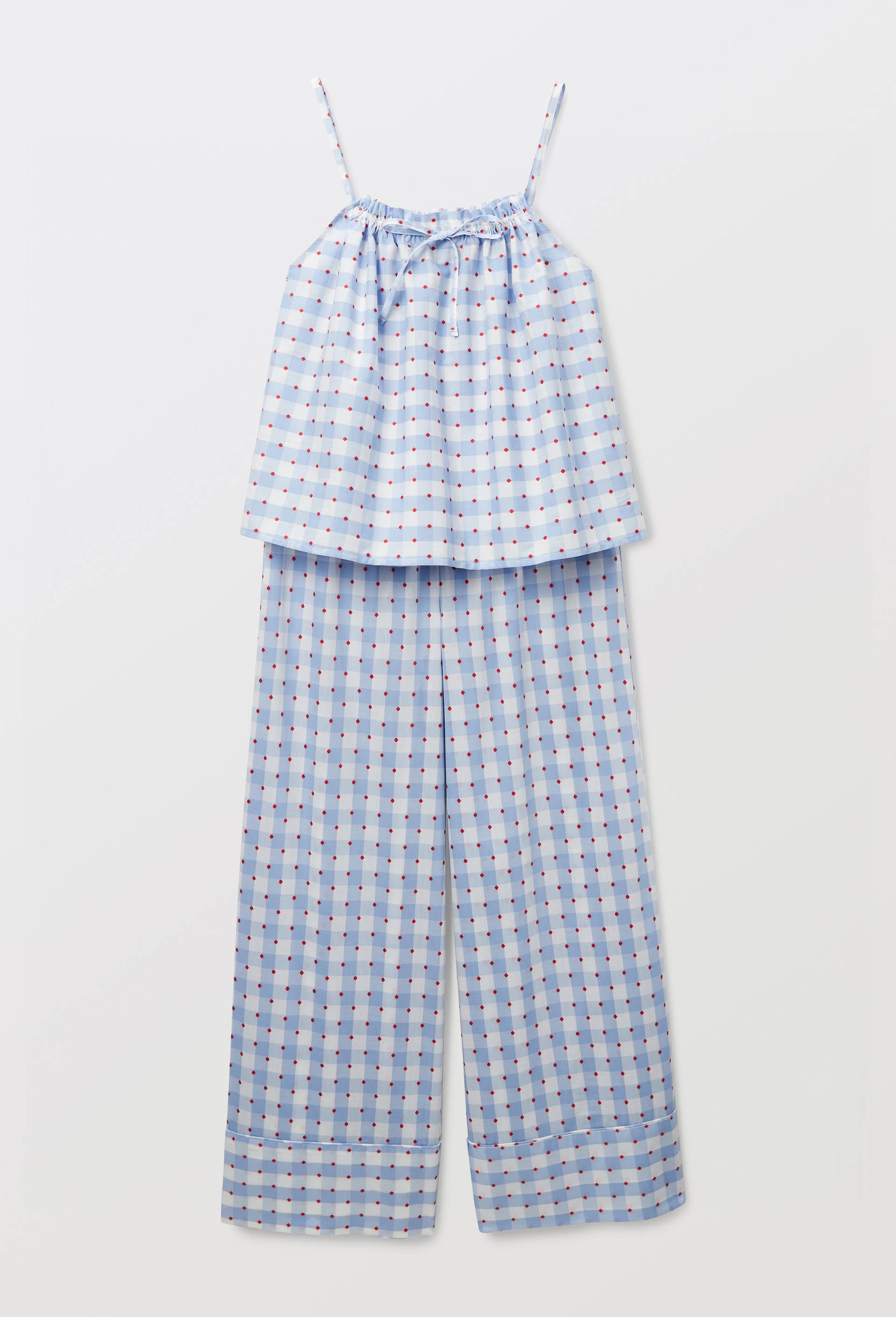 Pyjama &agrave; vichy et pois en voile de coton, Bleu, large image number 3.0