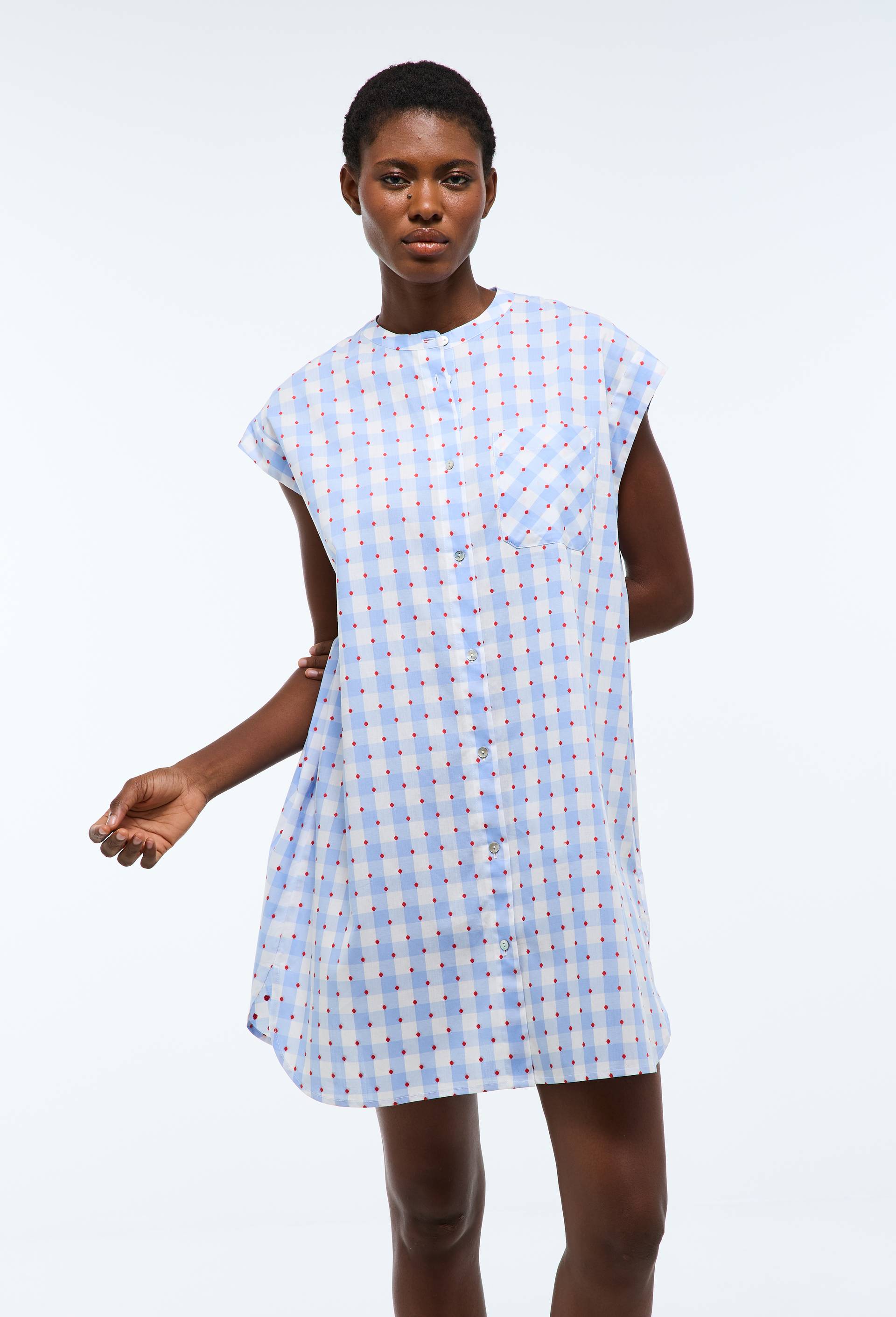 Chemise de nuit &agrave; vichy et pois en voile de coton, Bleu, large image number 0