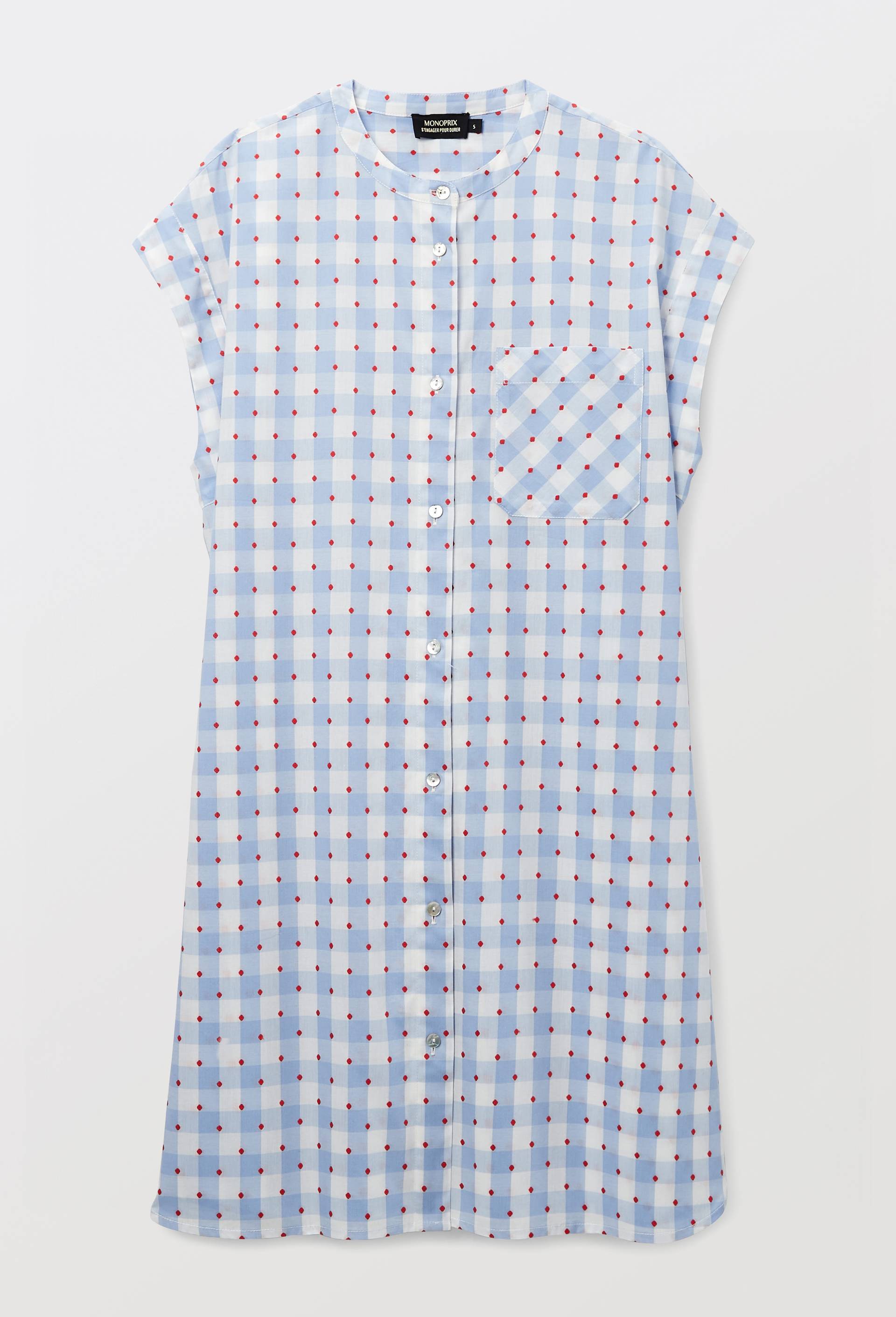 Chemise de nuit &agrave; vichy et pois en voile de coton, Bleu, large image number 2.0