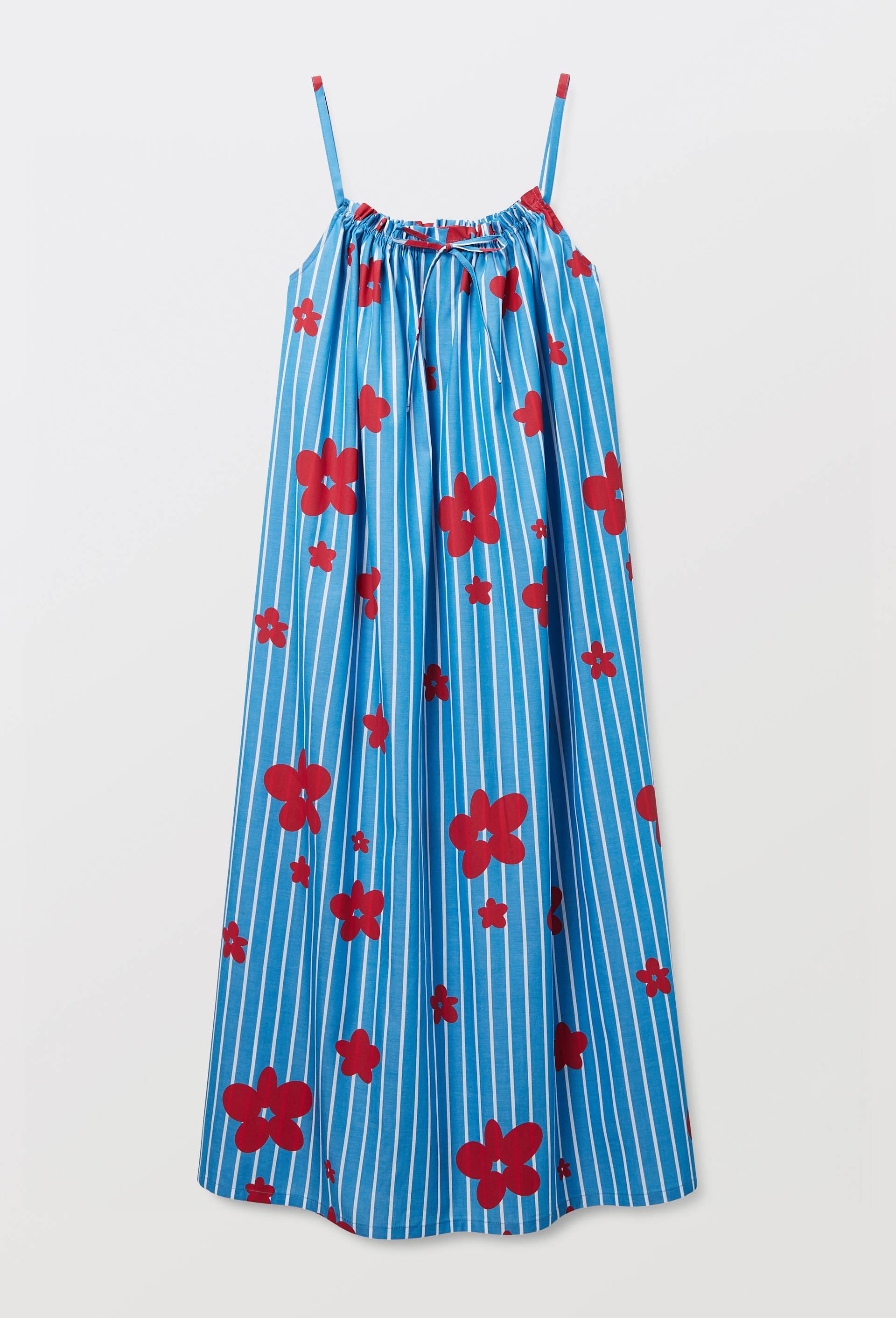 Chemise de nuit ray&eacute;e et imprim&eacute;e &agrave; motifs fleur en coton chambray, Bleu, large image number 2
