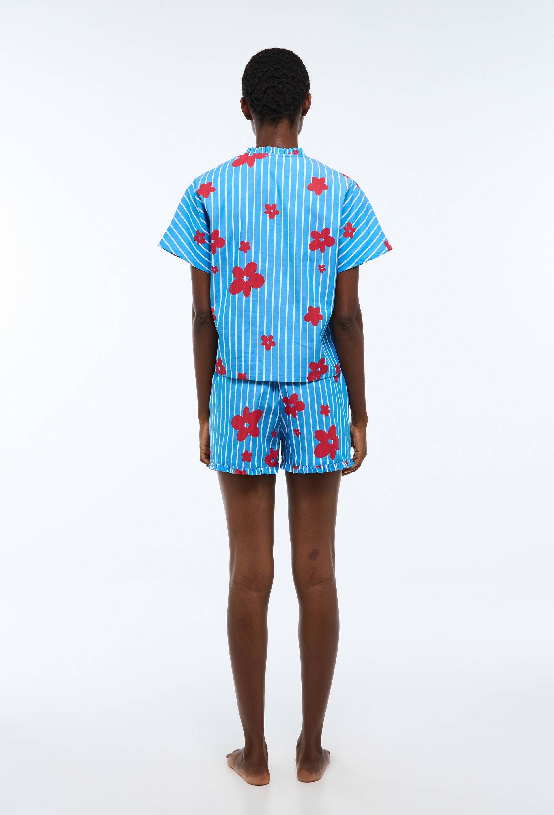 Pyjashort ray&eacute; et imprim&eacute; &agrave; morifs fleur en coton chambray, Bleu, large image number 1