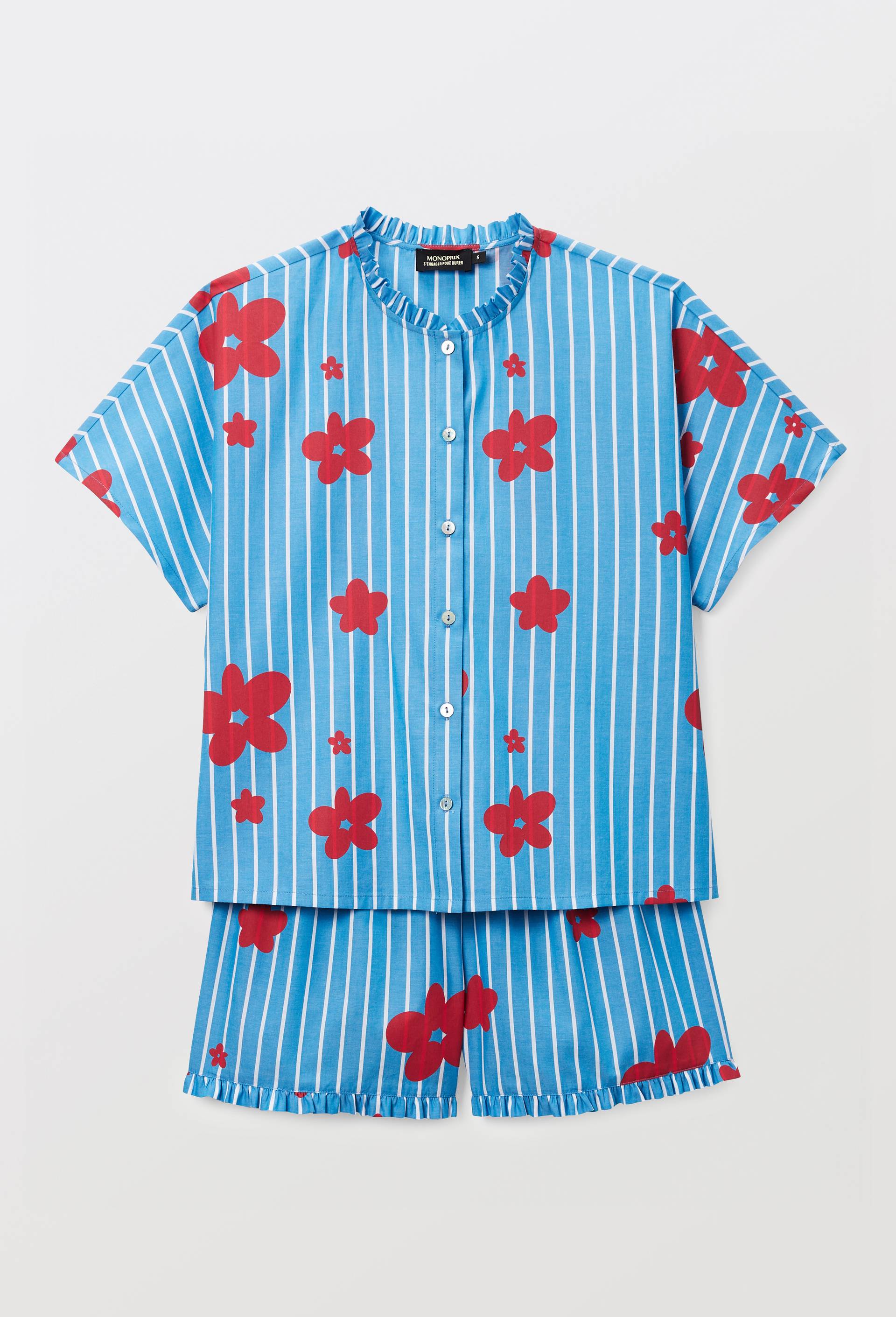 Pyjashort ray&eacute; et imprim&eacute; &agrave; morifs fleur en coton chambray, Bleu, large image number 2.0