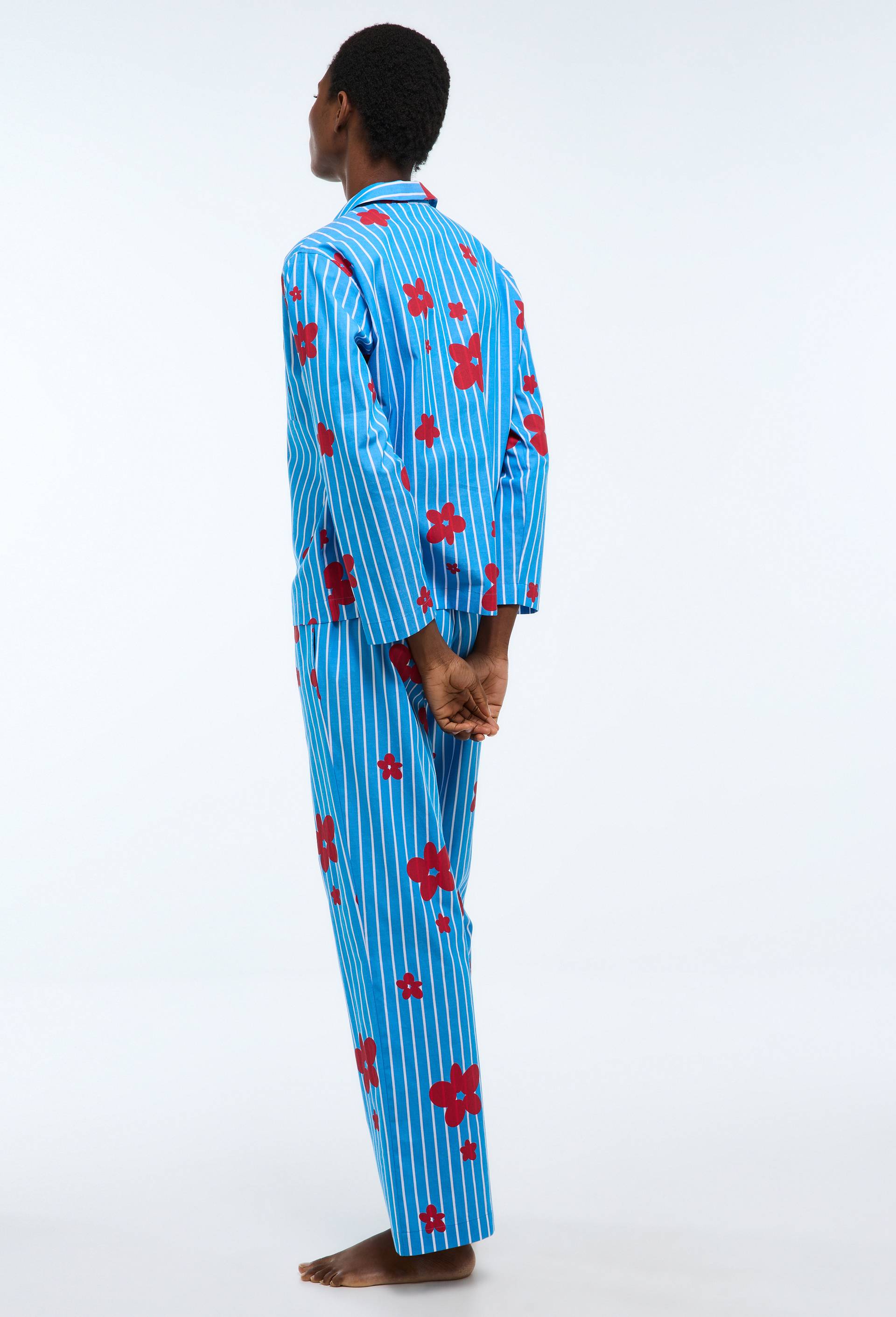 Pyjama long ray&eacute; et imprim&eacute; &agrave; motifs fleur en coton chambray, Bleu, large image number 1