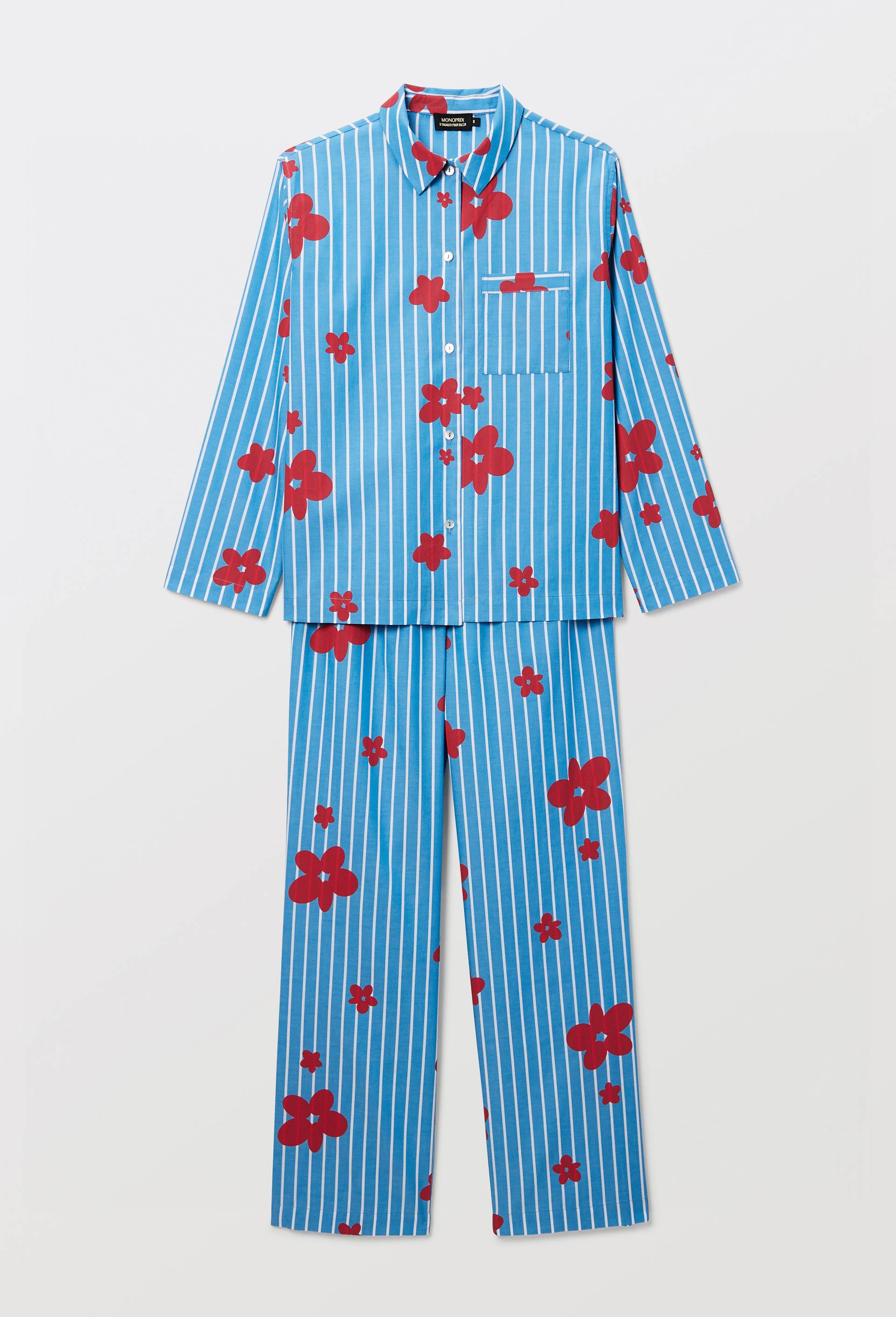 Pyjama long ray&eacute; et imprim&eacute; &agrave; motifs fleur en coton chambray, Bleu, large image number 2
