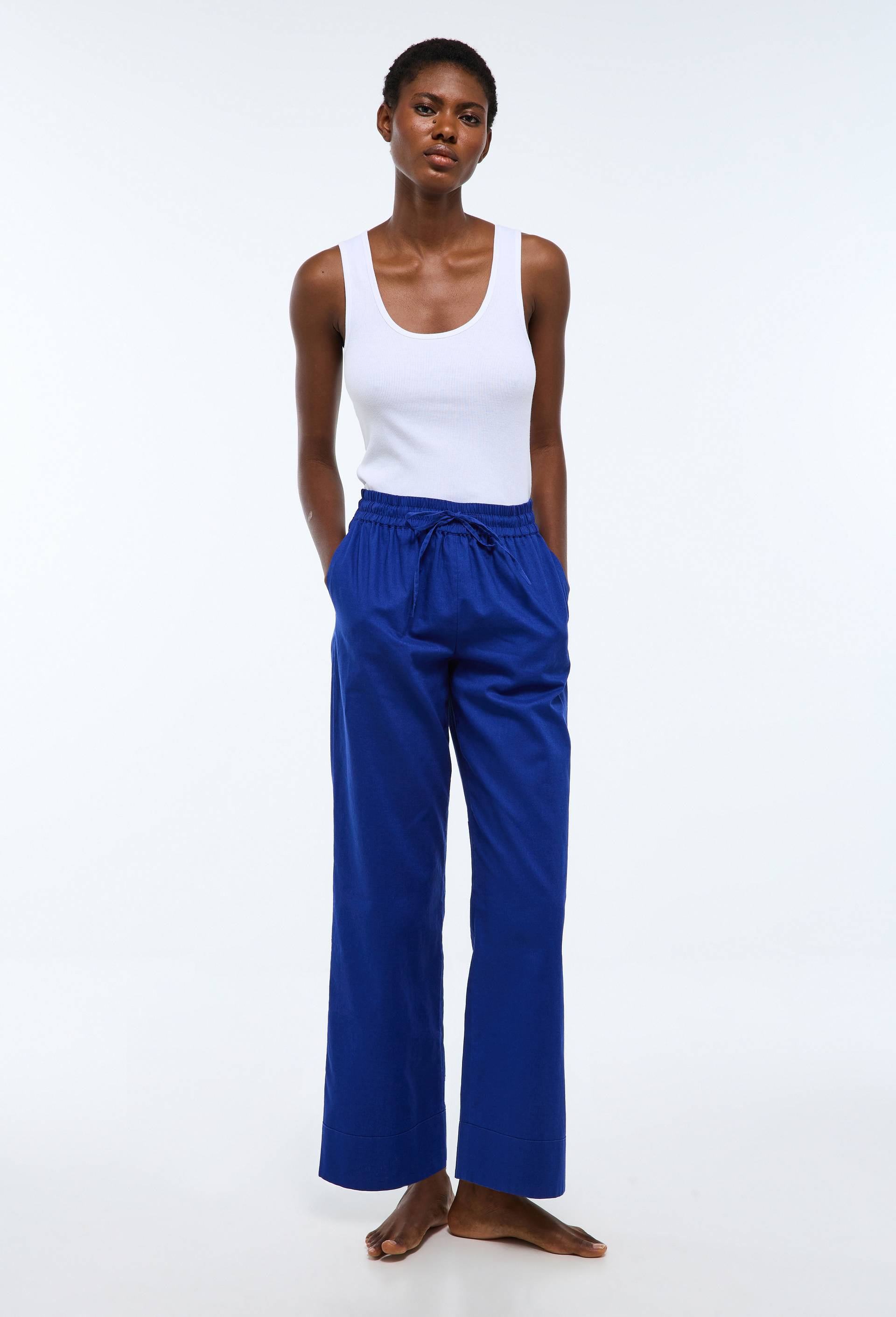 Pantalon uni en lin et coton, Bleu, large image number 0
