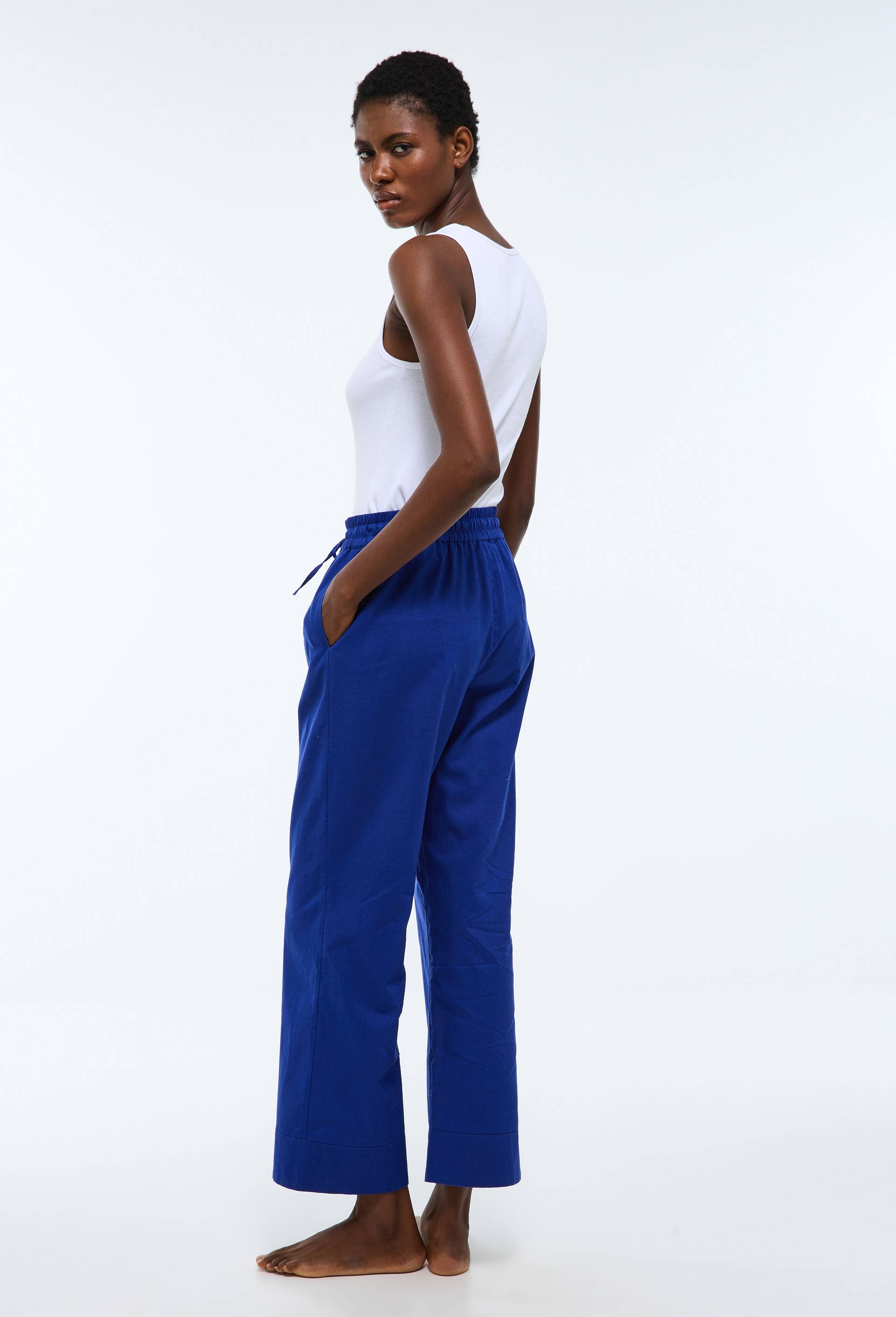 Pantalon uni en lin et coton, Bleu, large image number 1