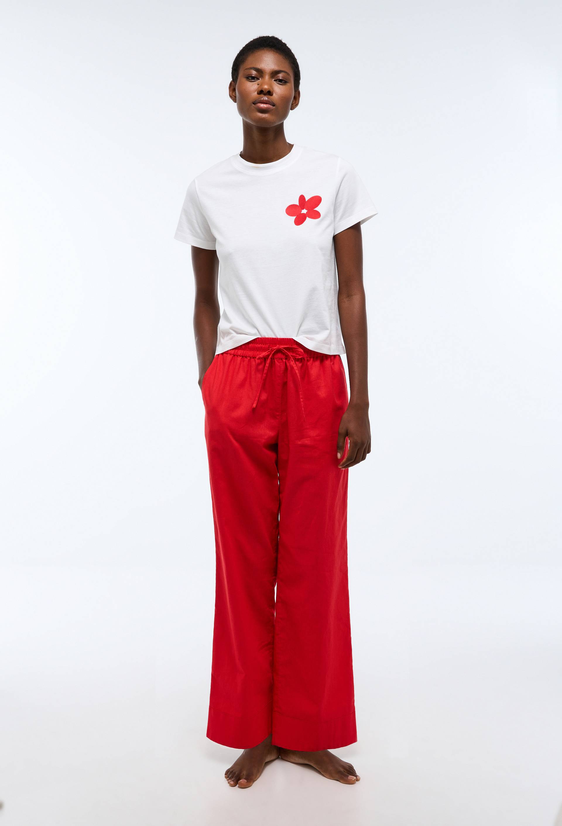 Pantalon uni en lin et coton, Rouge, large image number 0.0