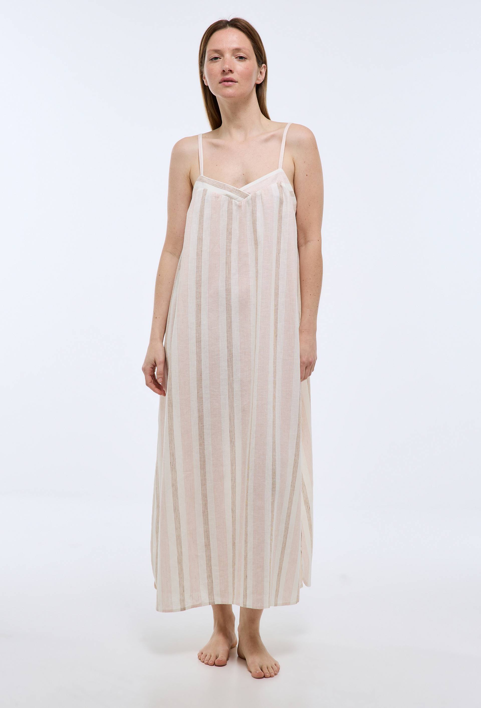 Chemise de nuit ray&eacute;e en lin et coton, Rose, large image number 0.0