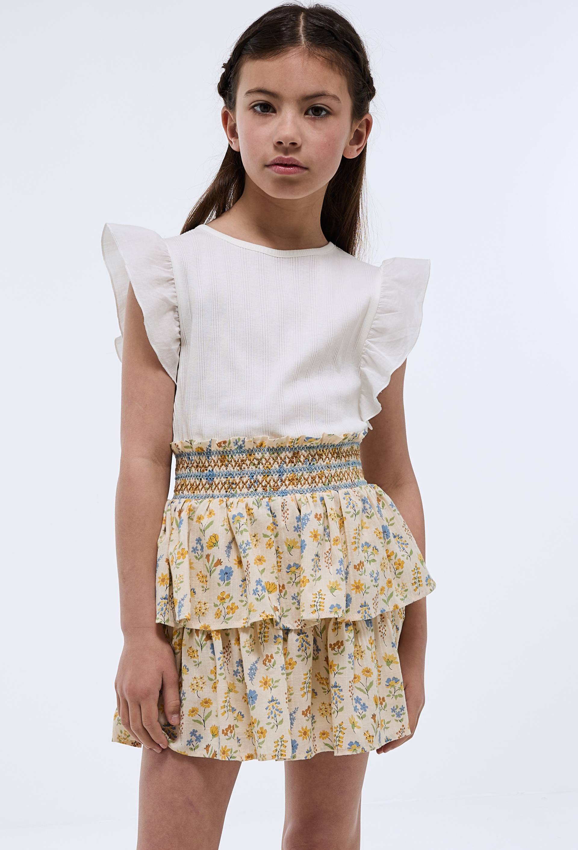 Jupe courte fleurie en coton, Beige clair, large image number 0