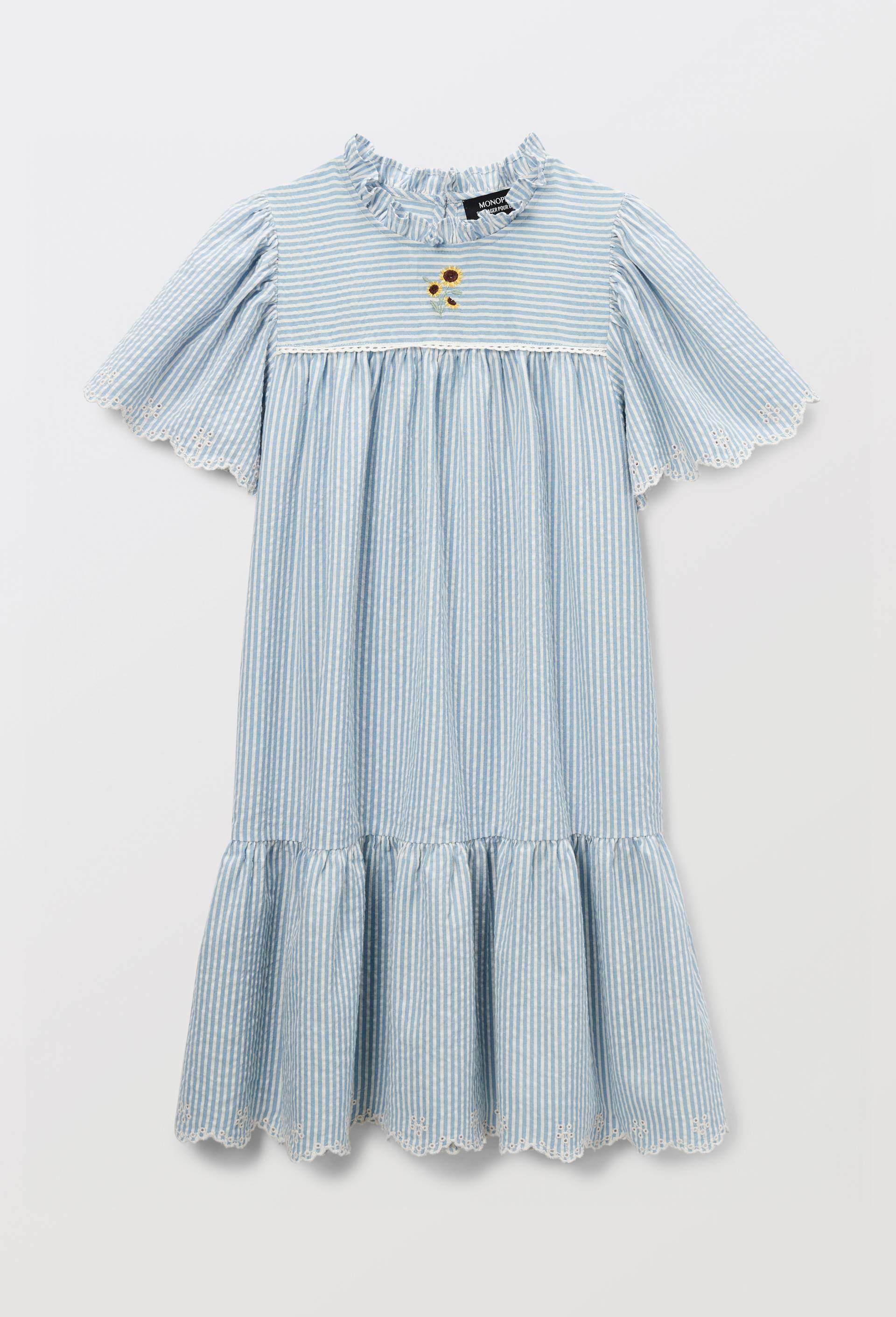 Robe ray&eacute;e brod&eacute;e en coton, Bleu, large image number 0