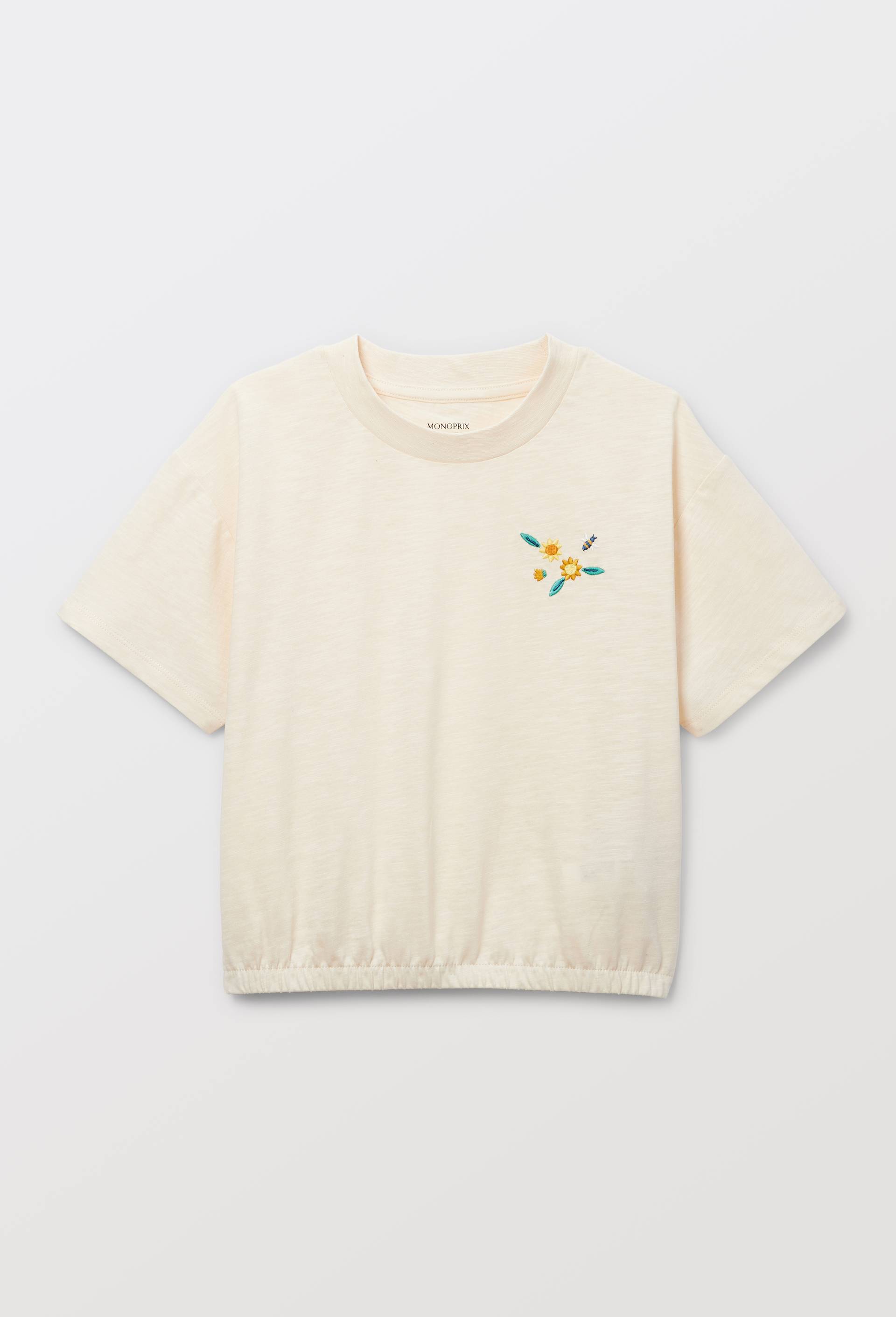 T-shirt brod&eacute; fleurs, Beige clair, large image number 0