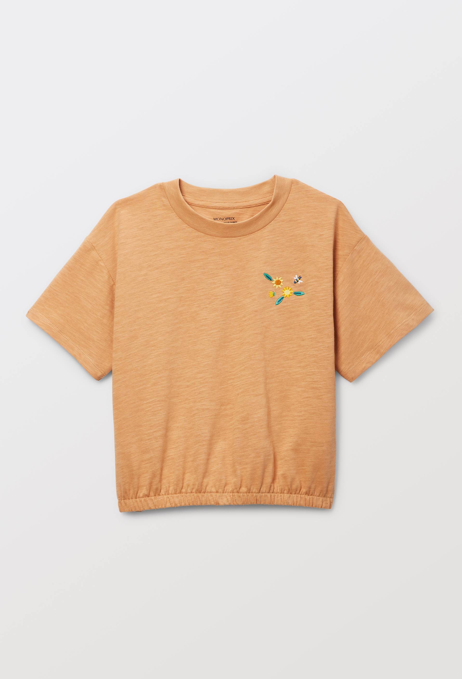 T-shirt brod&eacute; fleurs, Jaune clair, large image number 1.0