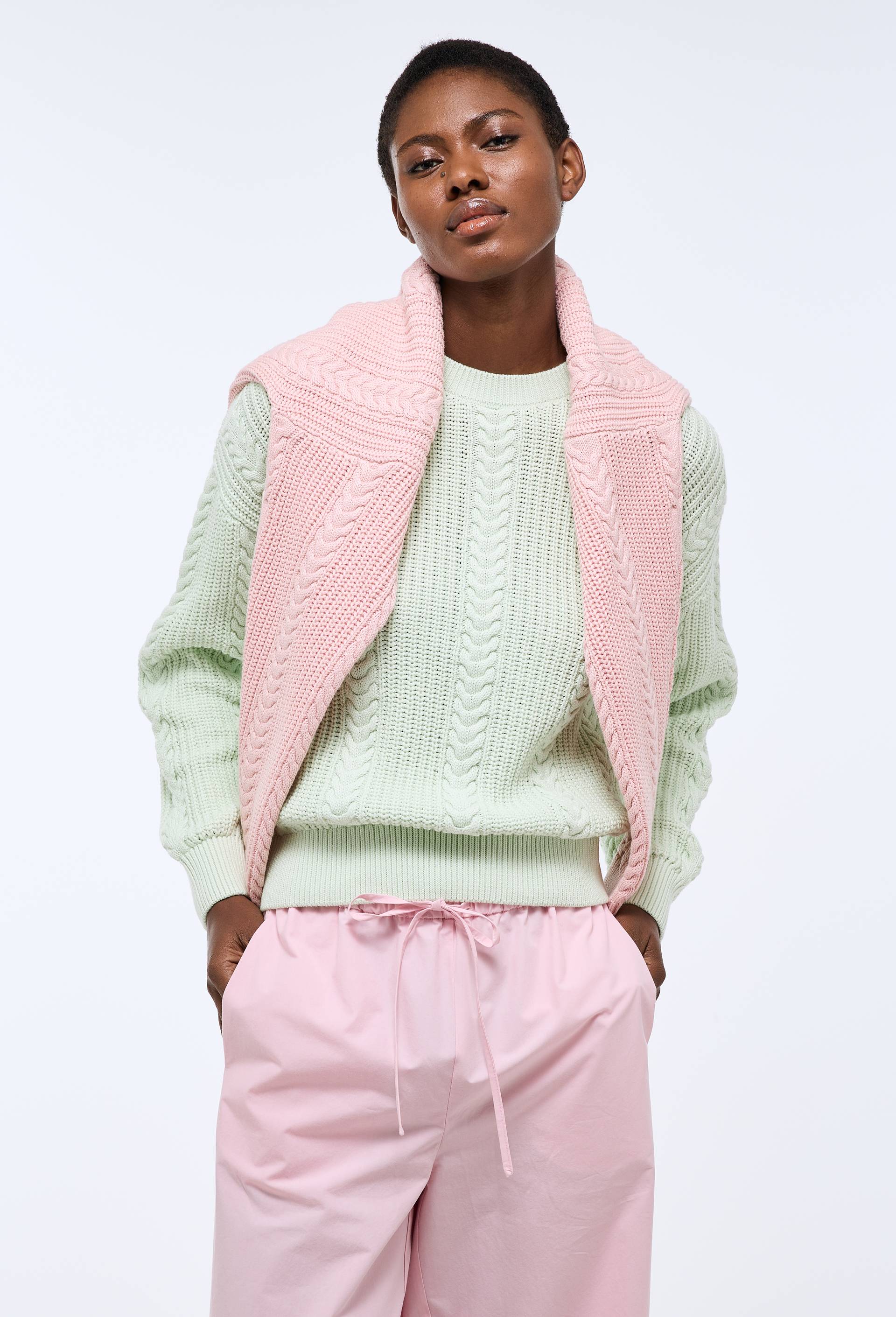 Pull manches longues torsad&eacute; en coton BIO GOTS, Vert clair, large image number 0.0
