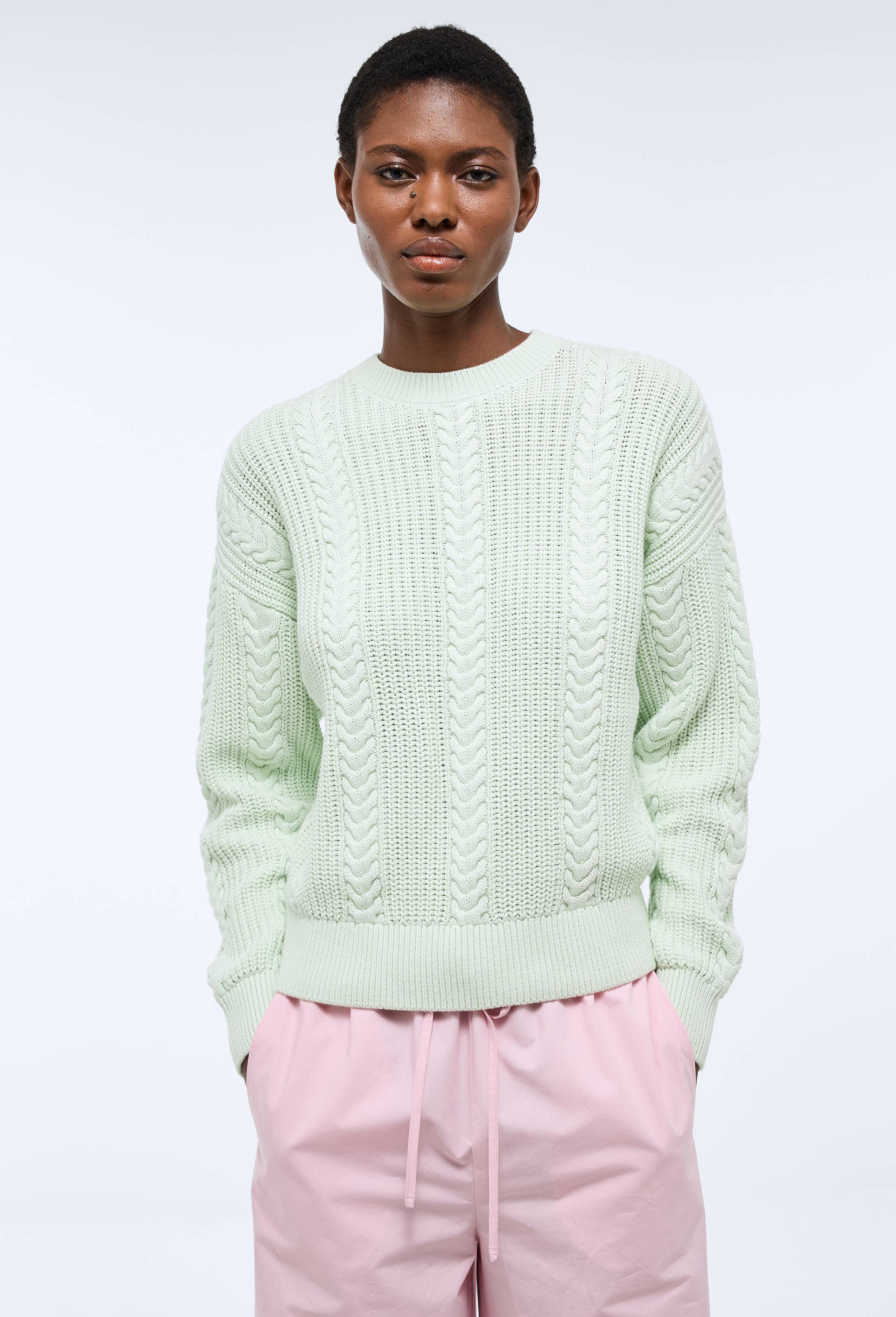 Pull manches longues torsad&eacute; en coton BIO GOTS, Vert clair, large image number 1.0