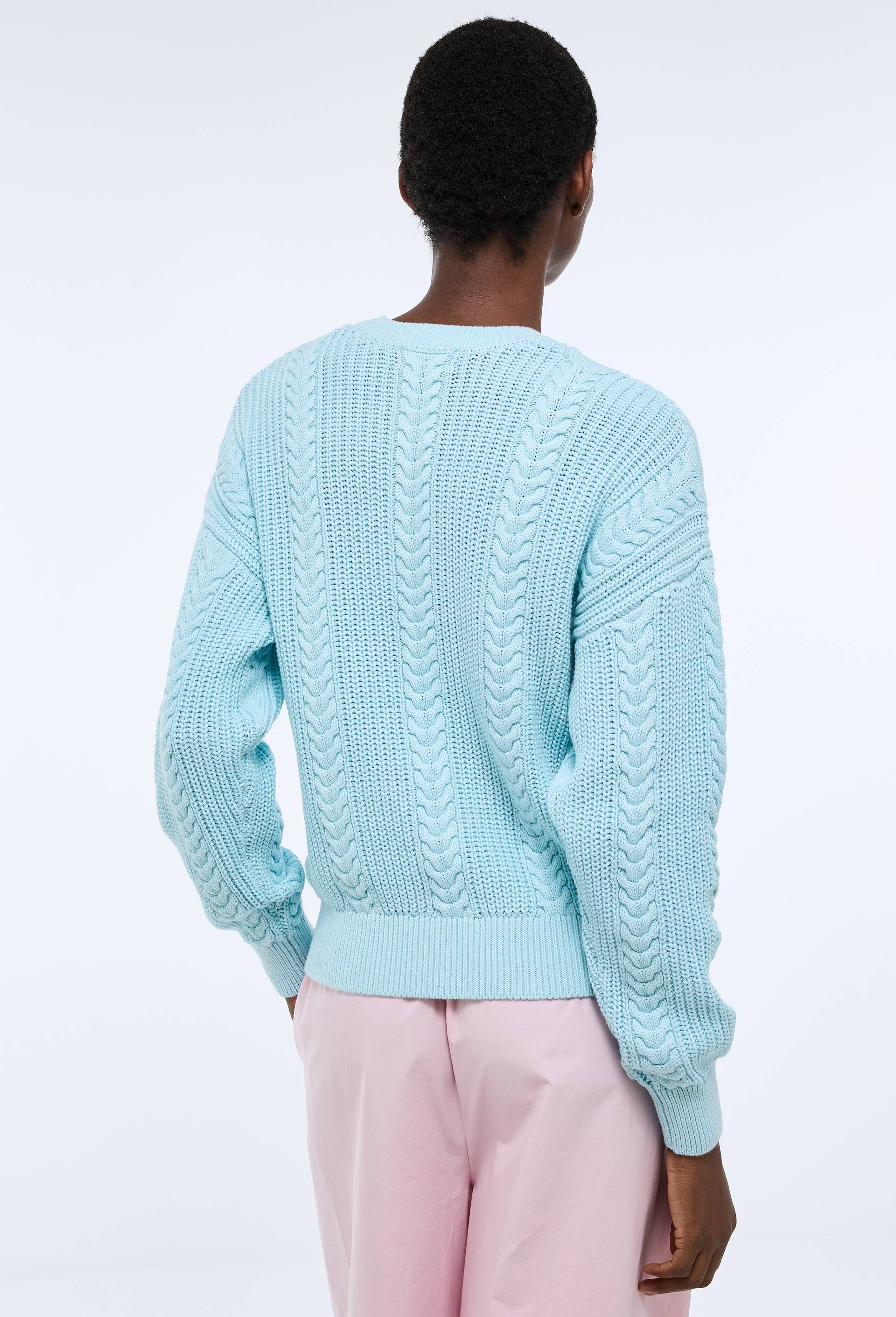 Pull manches longues torsad&eacute; en coton BIO GOTS, Bleu, large image number 1