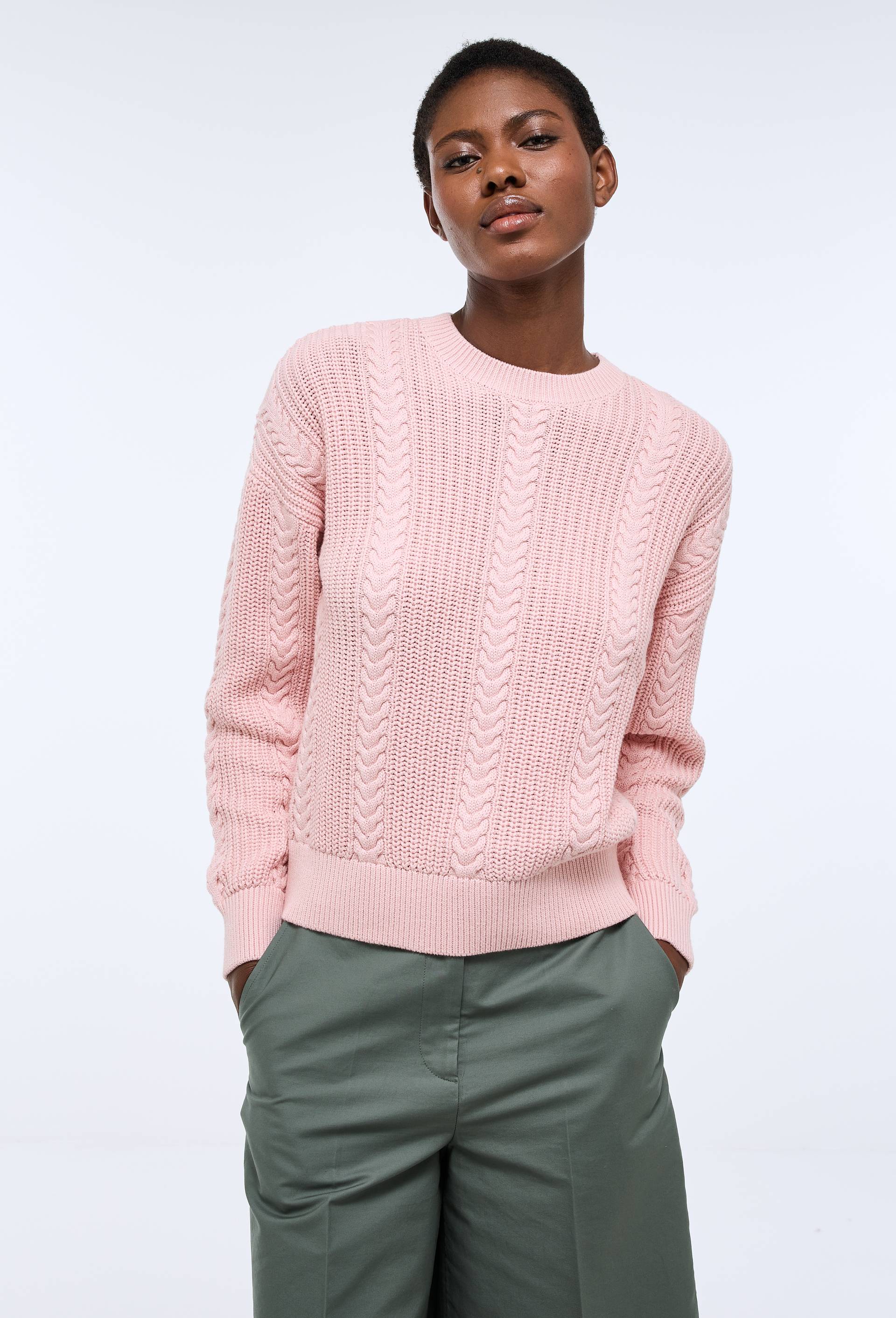 Pull manches longues torsad&eacute; en coton BIO GOTS, Rose clair, large image number 2.0