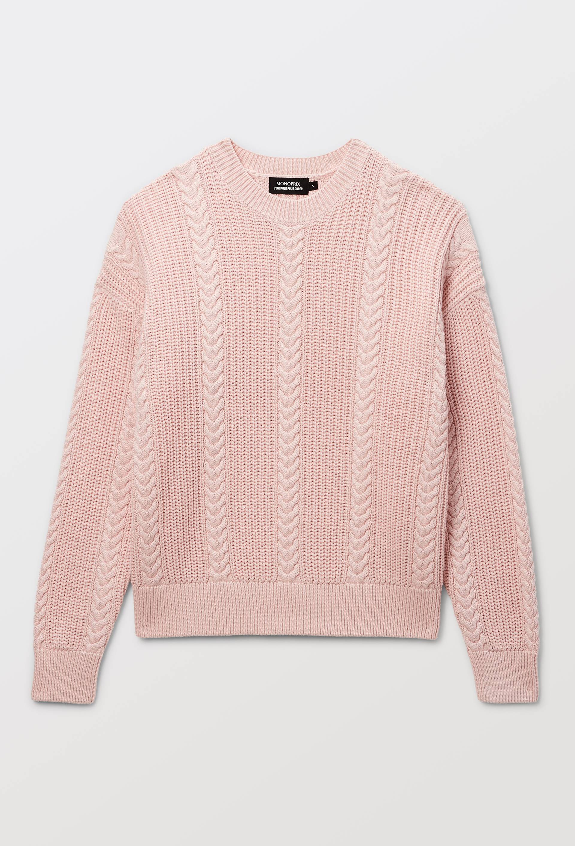 Pull manches longues torsad&eacute; en coton BIO GOTS, Rose clair, large image number 4