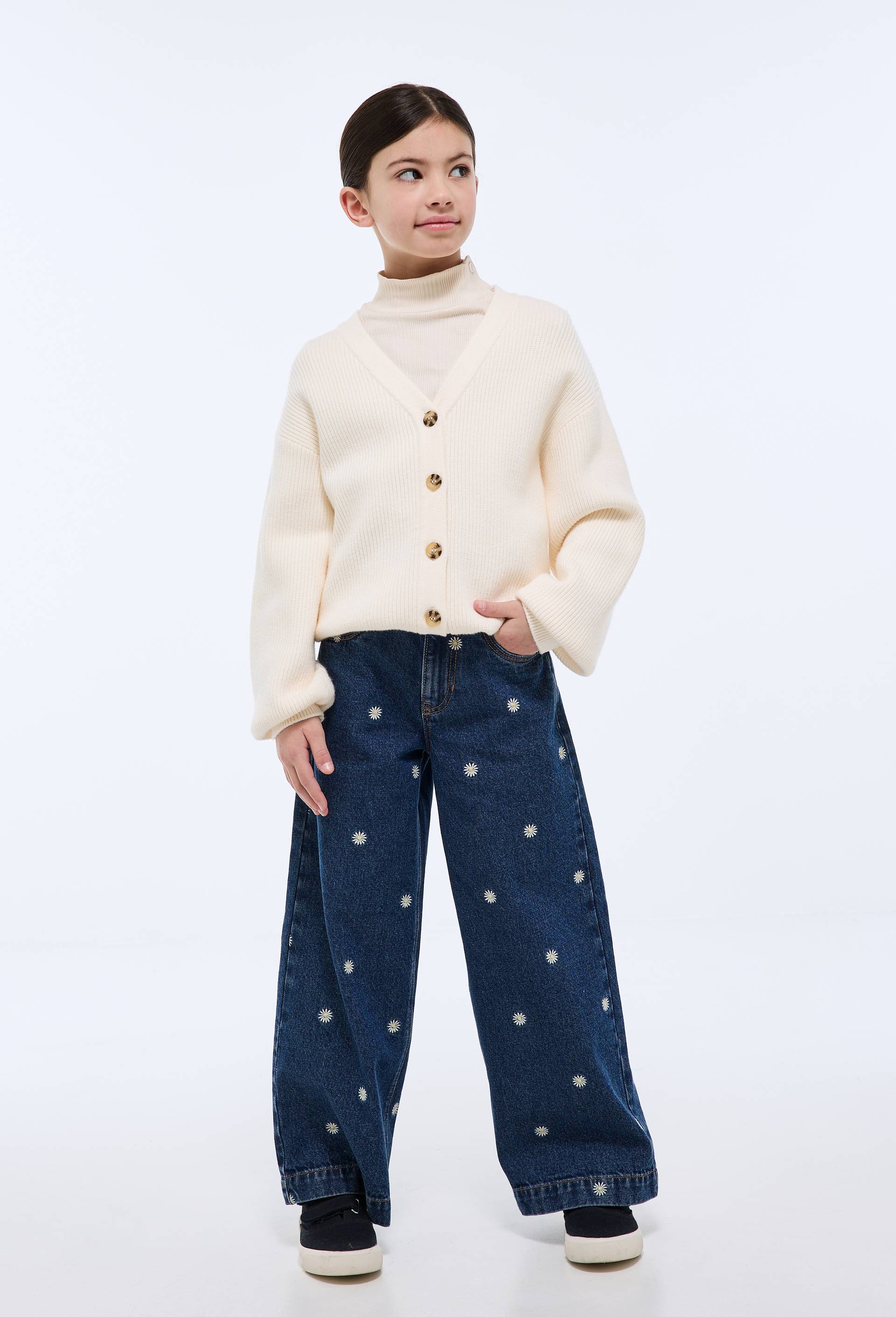 Jean large brod&eacute; en coton, Bleu, large image number 0.0