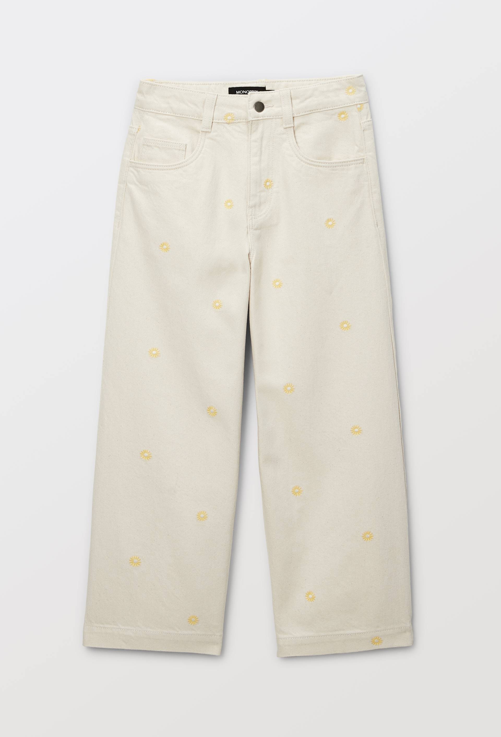 Pantalon large brod&eacute; en coton, Beige clair, large image number 1