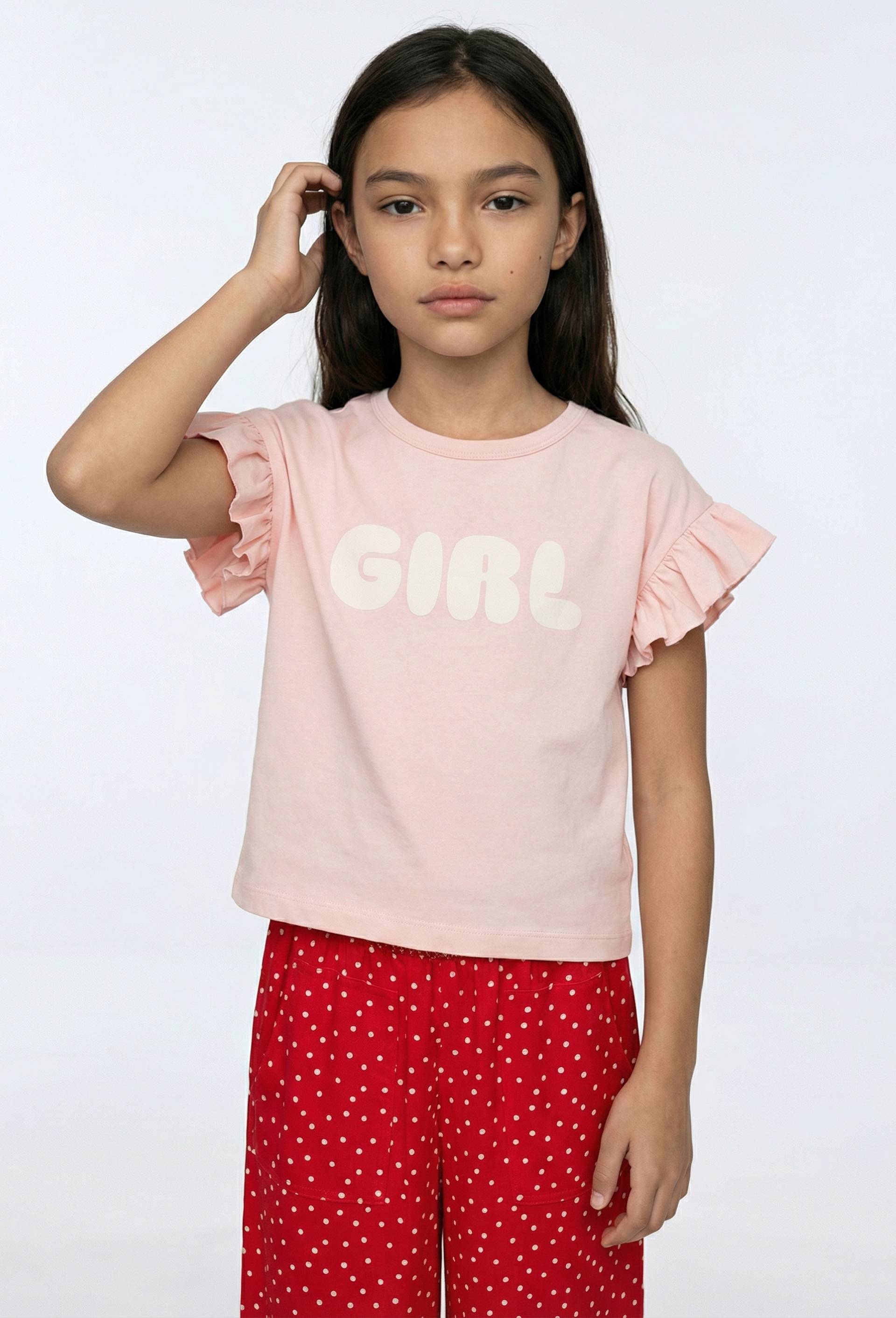 T-shirt &agrave; manches volantes imprim&eacute; en coton, Rose clair, large image number 0