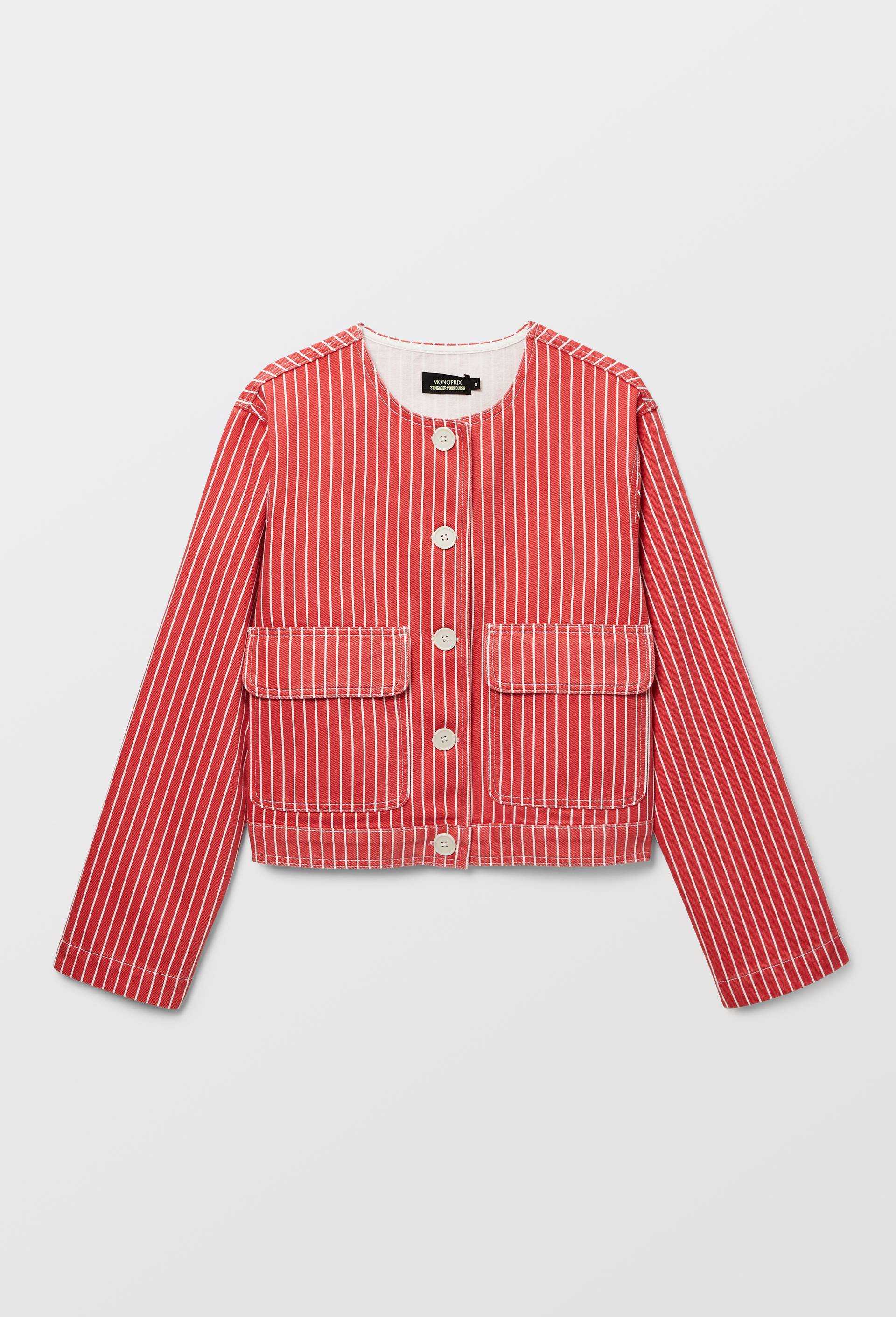 Veste courte ray&eacute; contenant du coton, Rouge, large image number 3