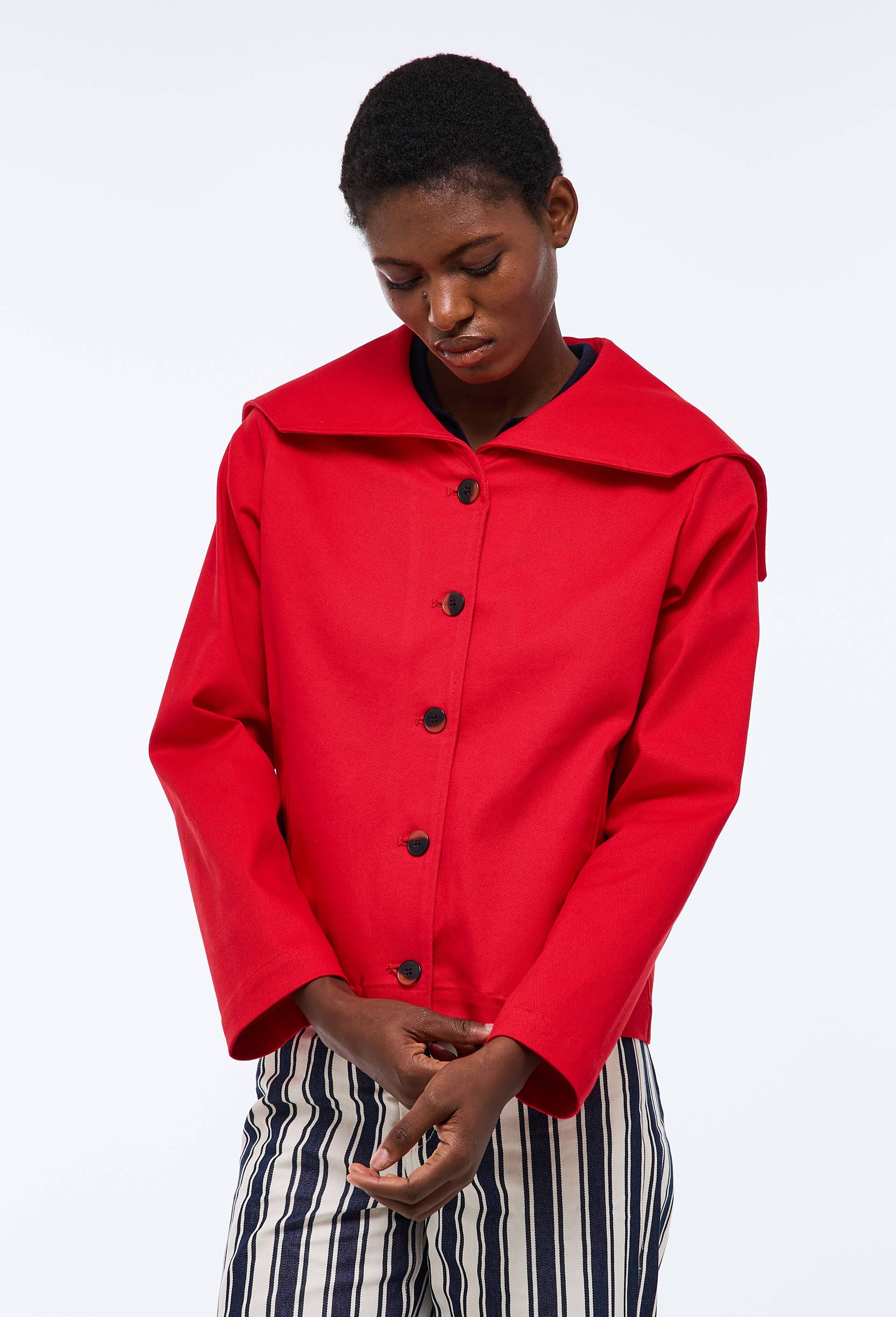 Veste courte col marin contenant du coton, Rouge, large image number 1