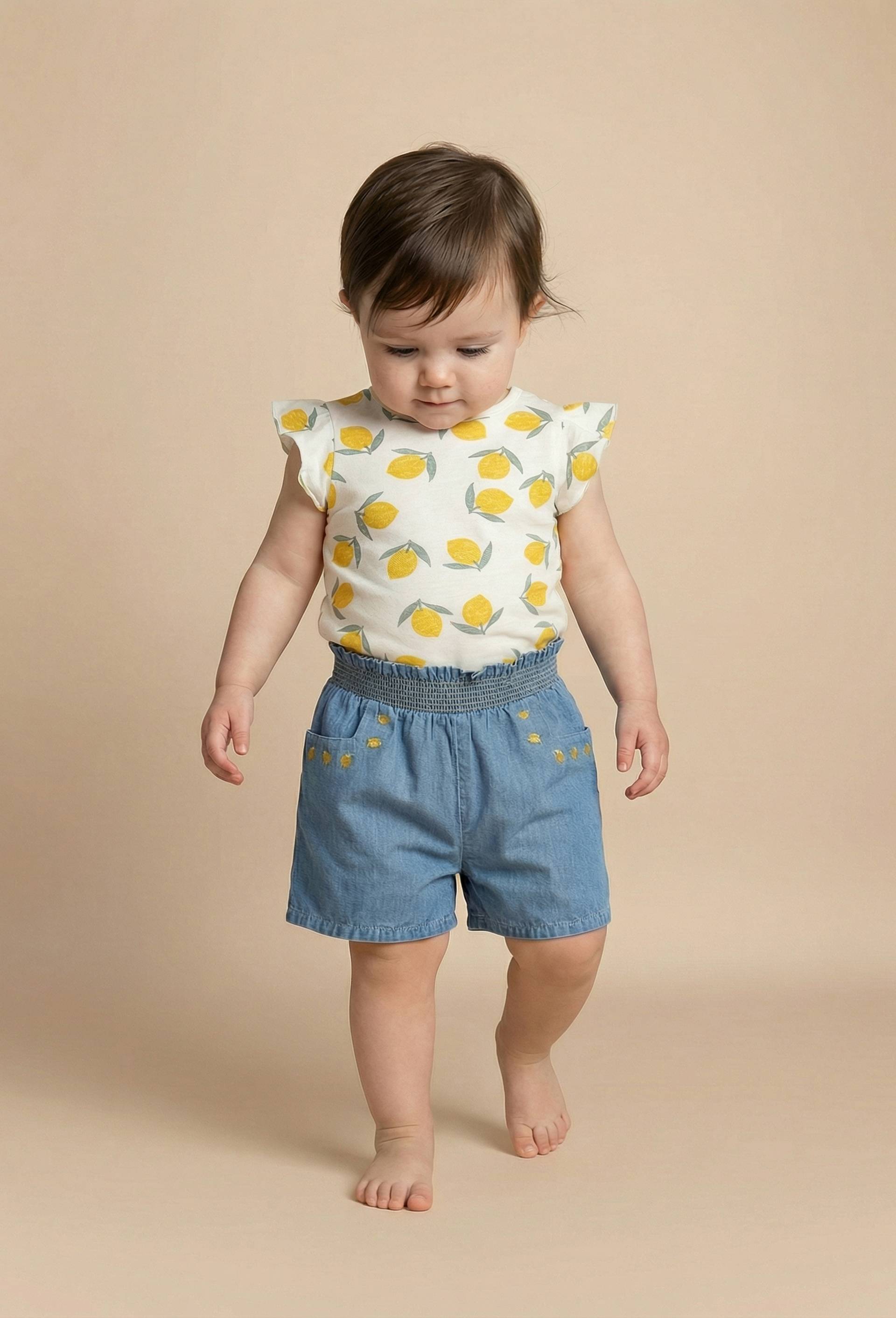 Short taille &eacute;lastique brod&eacute; en chambray en coton, Bleu fonc&eacute;, large image number 0