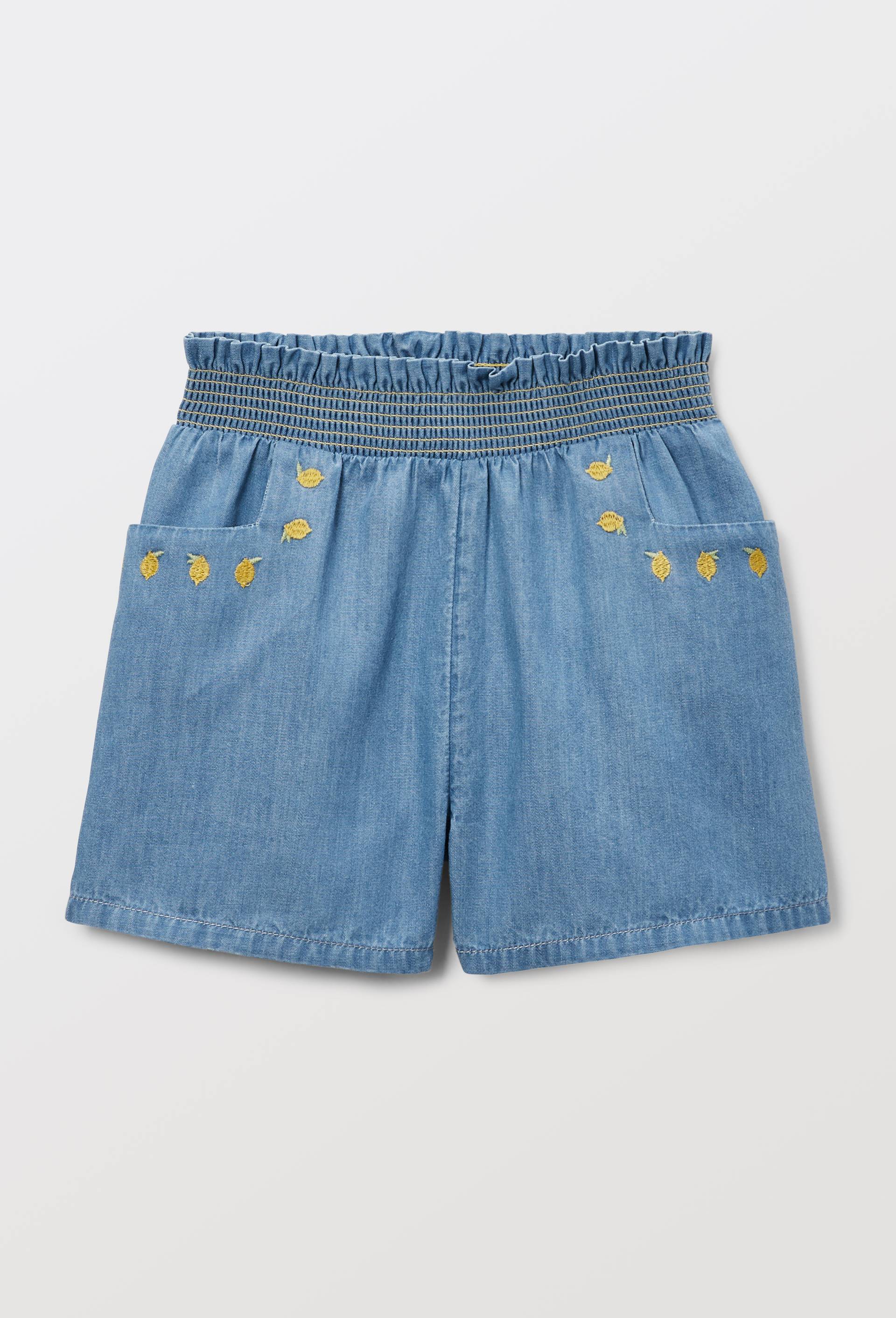 Short taille &eacute;lastique brod&eacute; en chambray en coton, Bleu fonc&eacute;, large image number 1.0