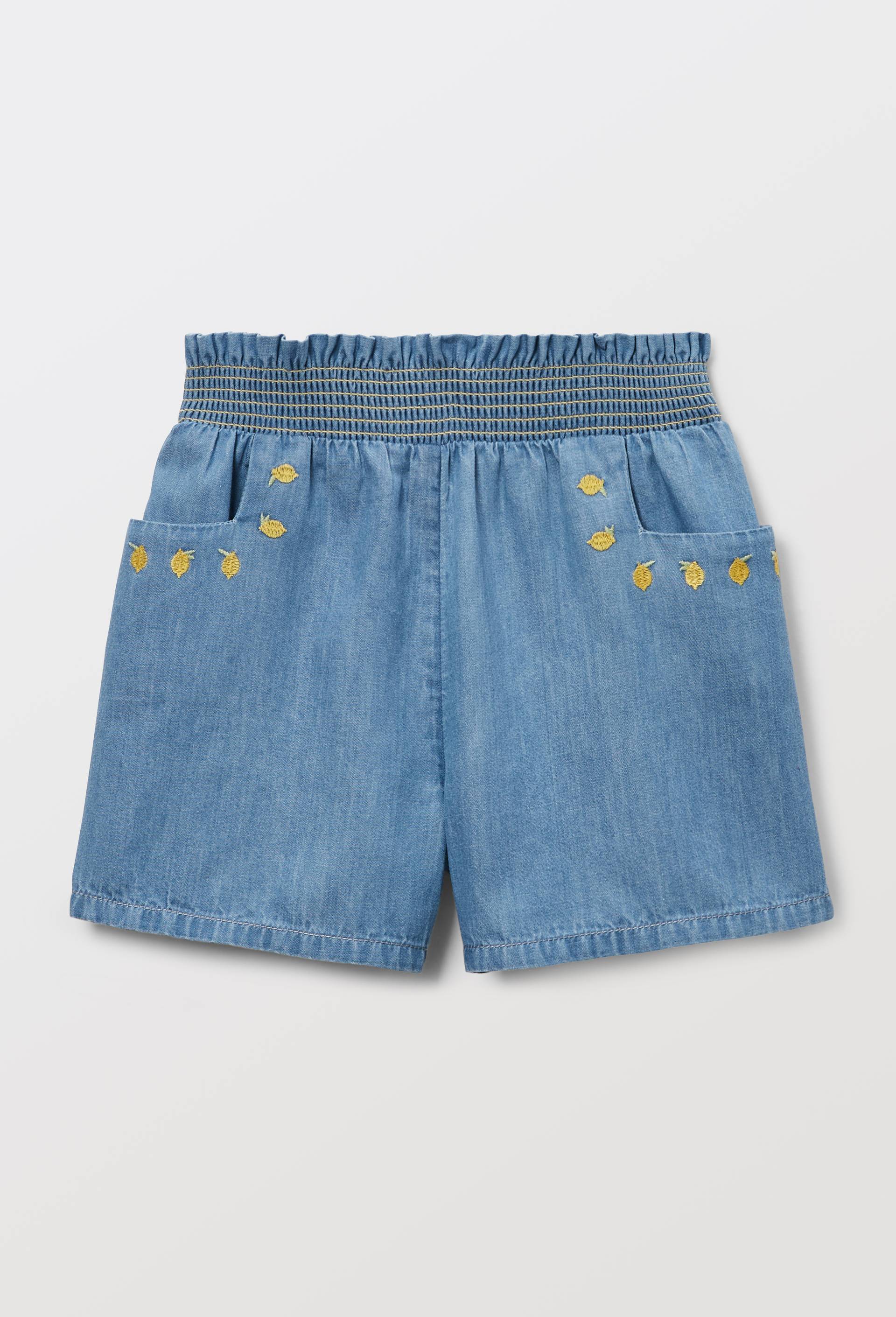 Short taille &eacute;lastique brod&eacute; en chambray en coton, Bleu fonc&eacute;, large image number 2