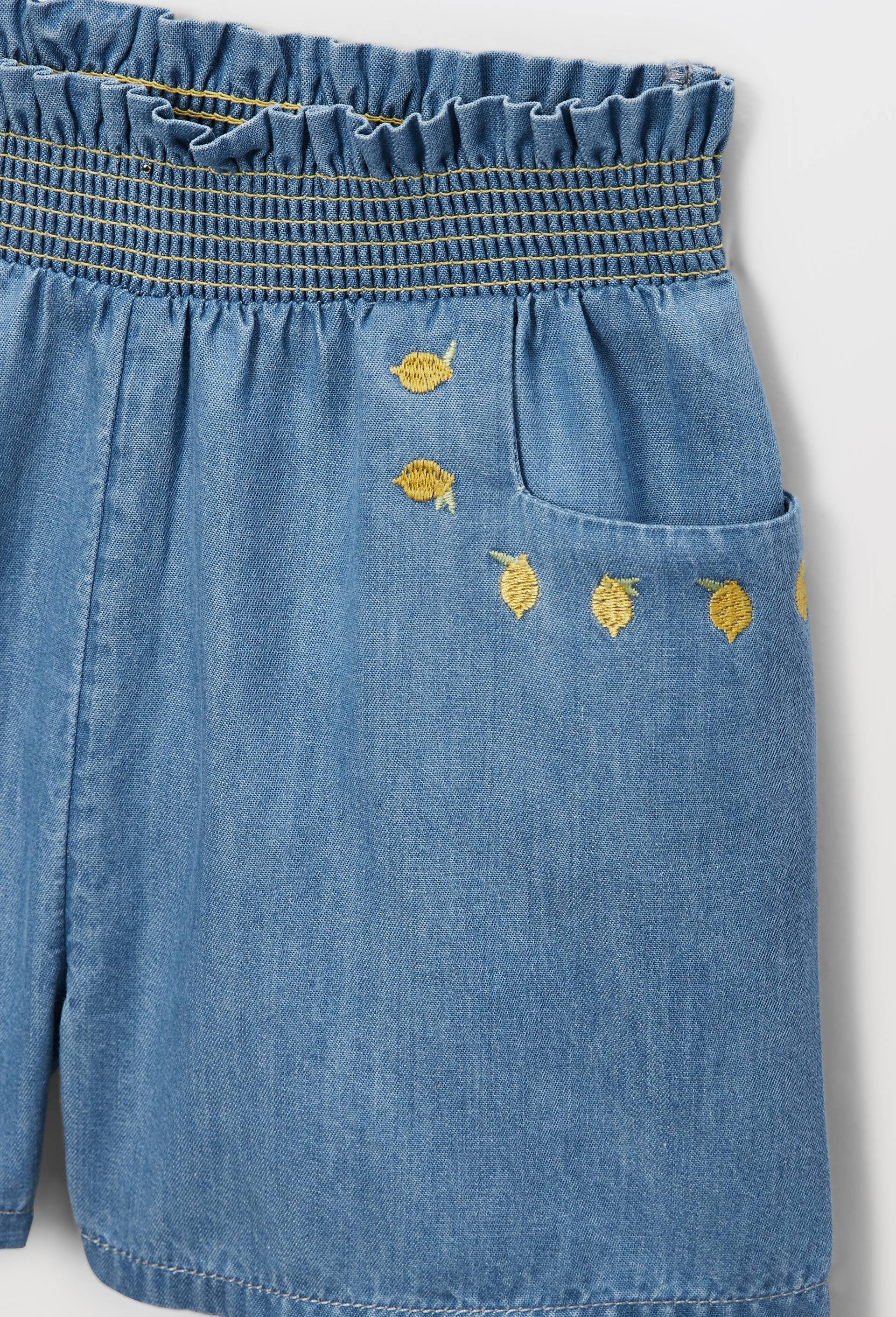 Short taille &eacute;lastique brod&eacute; en chambray en coton, Bleu fonc&eacute;, large image number 3.0