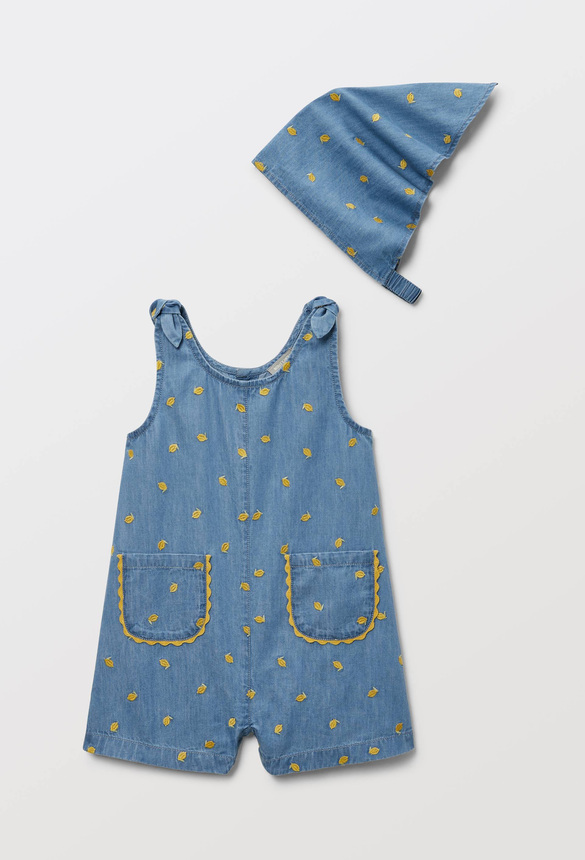 Salopette courte avec fichu en chambray brod&eacute;s en coton, Bleu clair, large image number 0.0