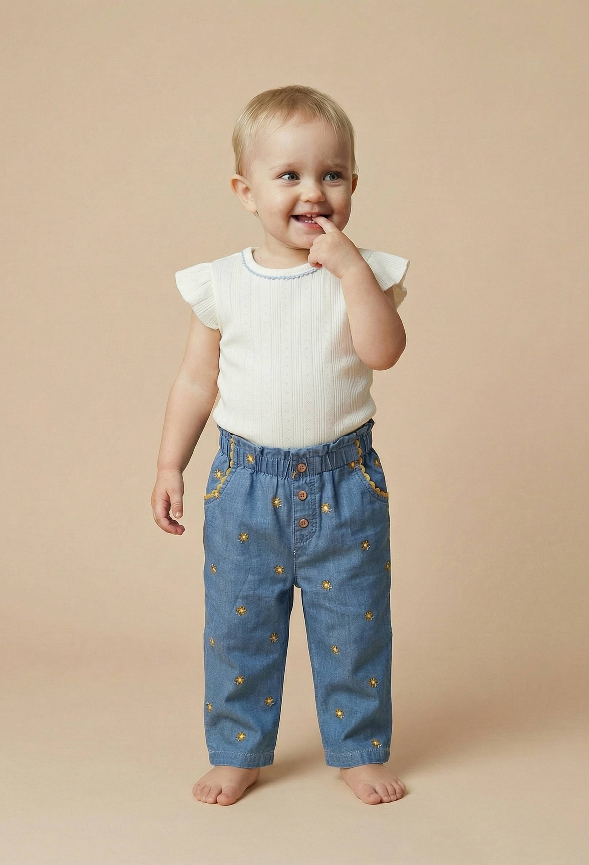 Pantalon taille &eacute;lastique en chambray brod&eacute; en coton, Bleu clair, large image number 0