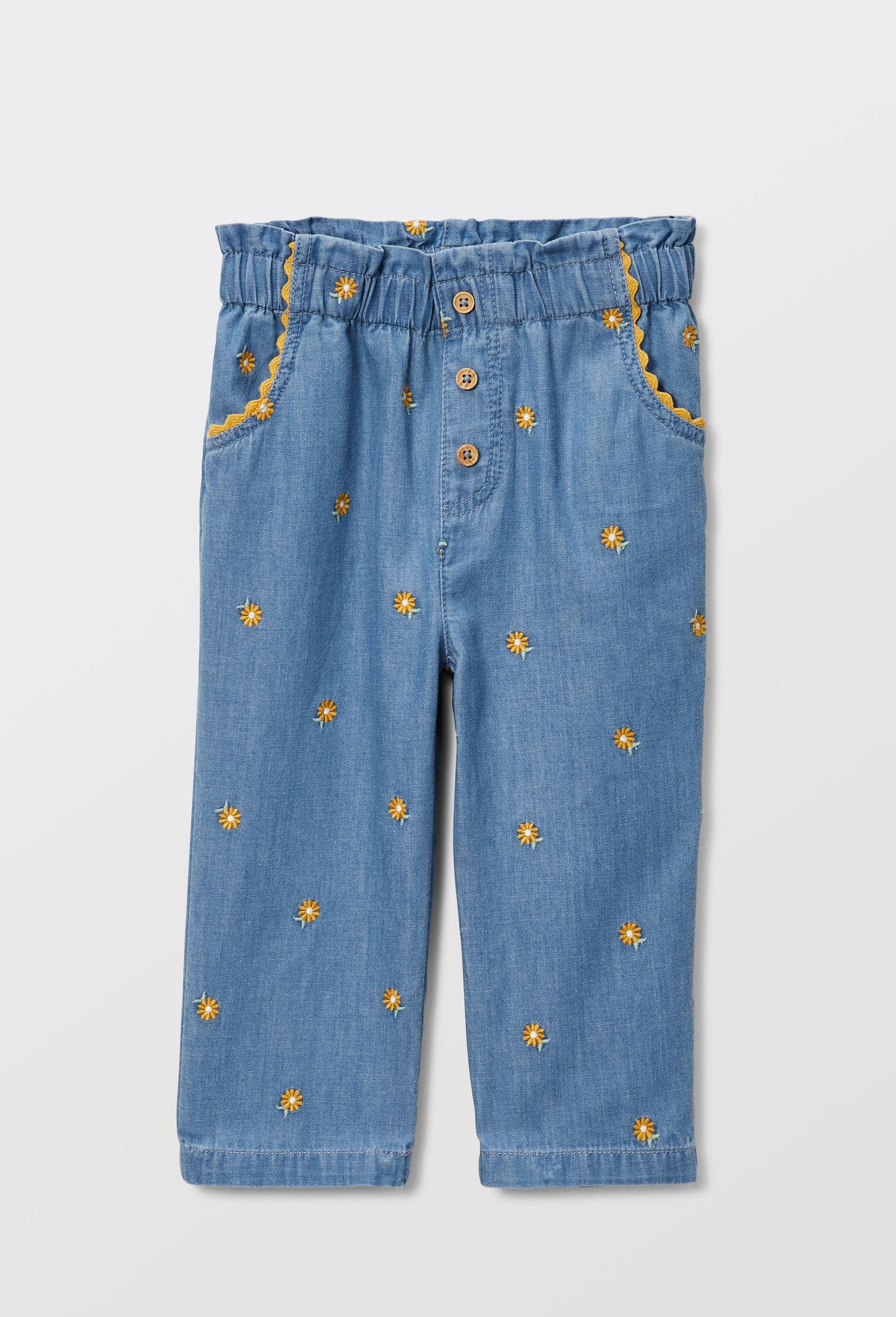 Pantalon taille &eacute;lastique en chambray brod&eacute; en coton, Bleu clair, large image number 1