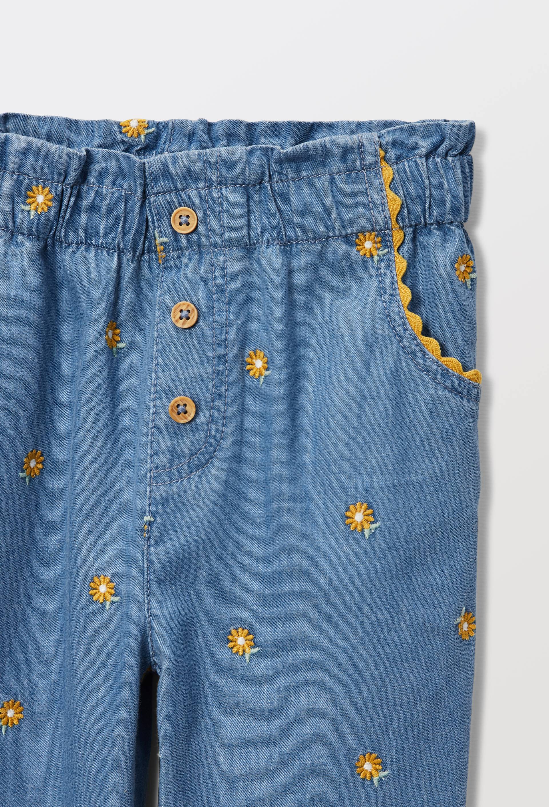 Pantalon taille &eacute;lastique en chambray brod&eacute; en coton, Bleu clair, large image number 3.0