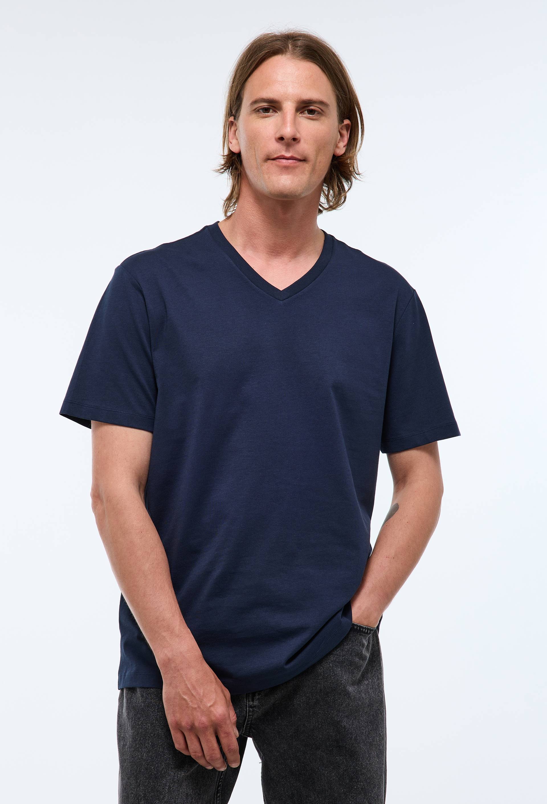 T-shirt manches courtes col v en coton BIO GOTS, Bleu fonc&eacute;, large image number 0.0