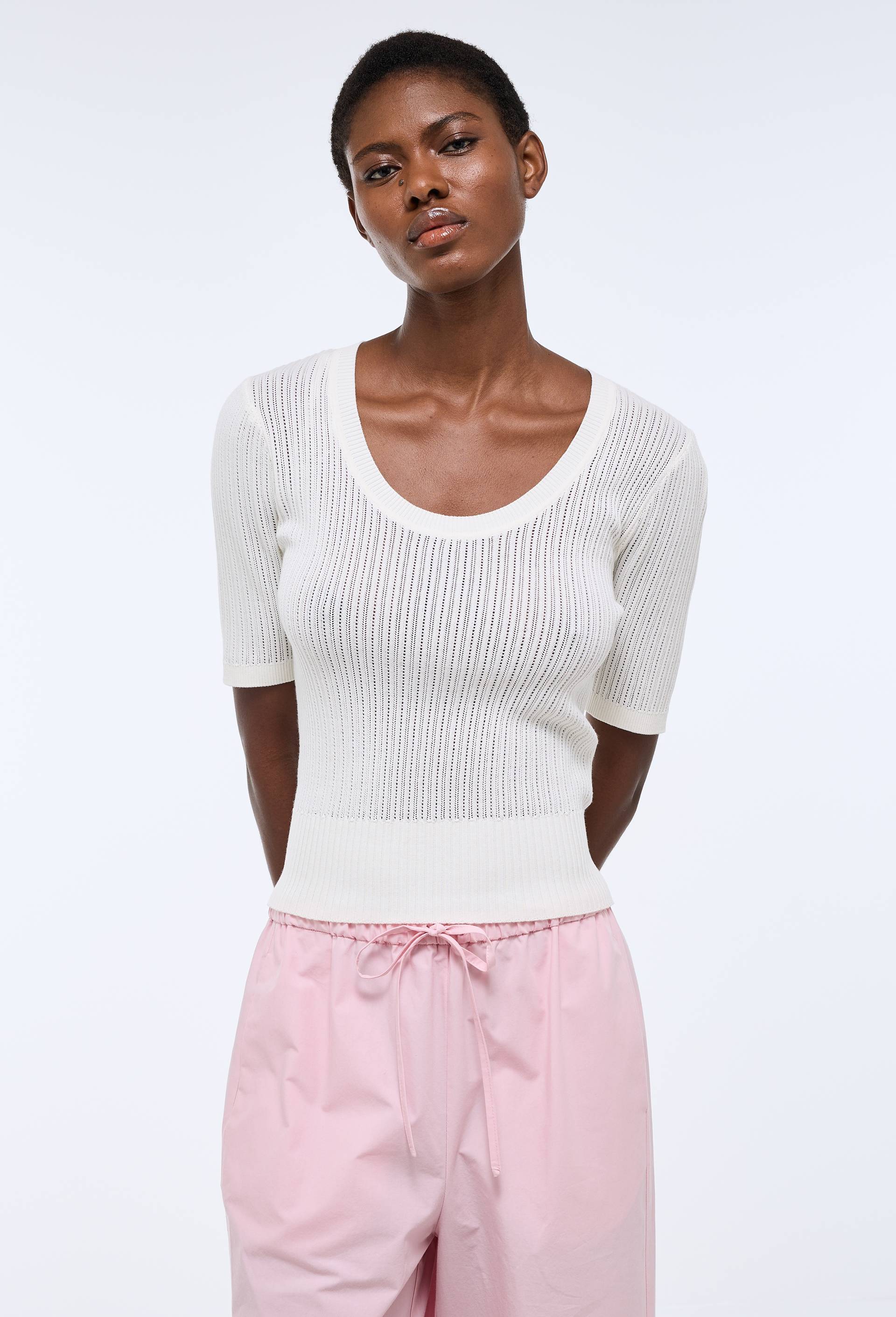 Pull uni manches courtes, Ecru, swatch image