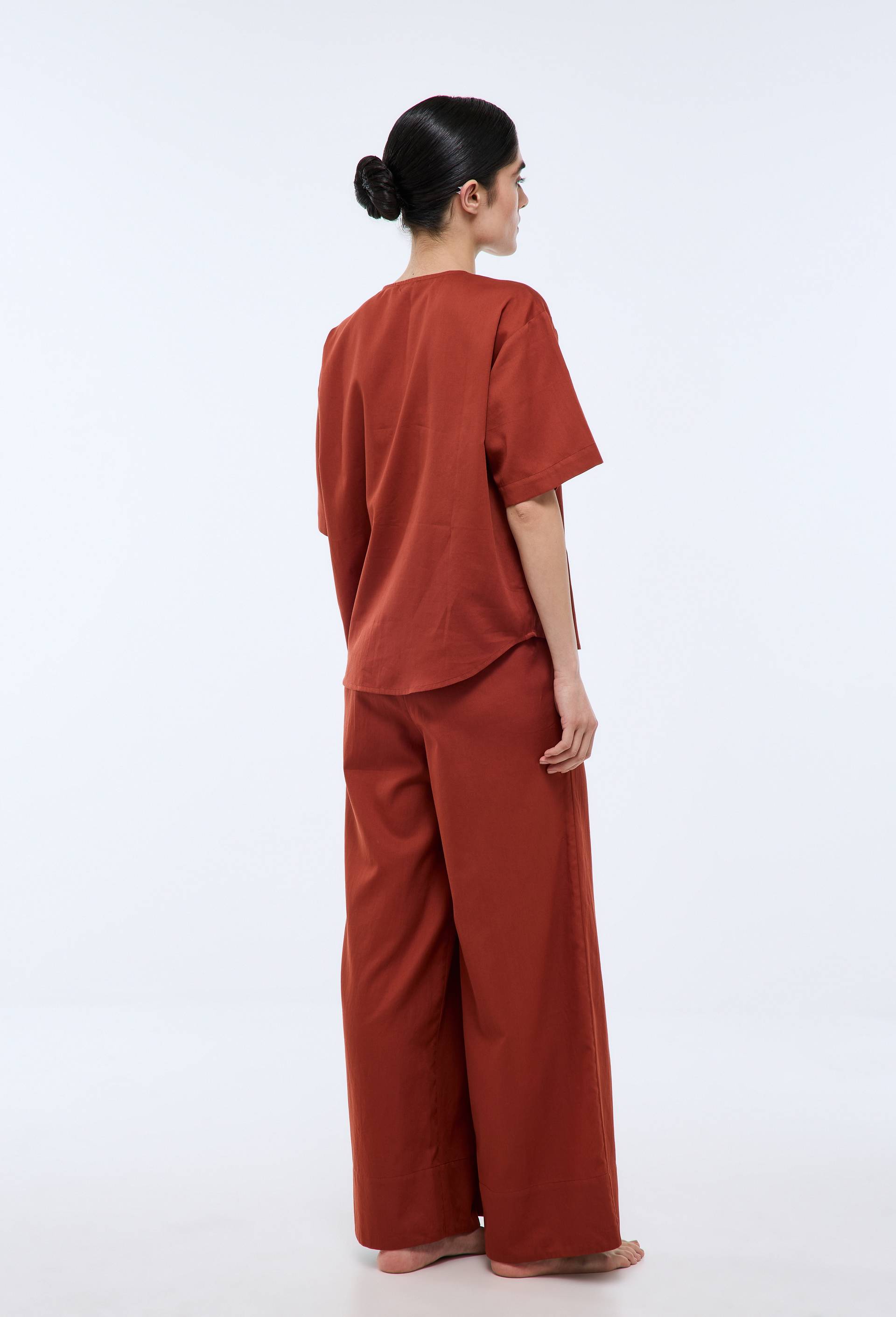 Pantalon uni en satin de coton bio GOTS, Orange fonc&eacute;, large image number 1.0