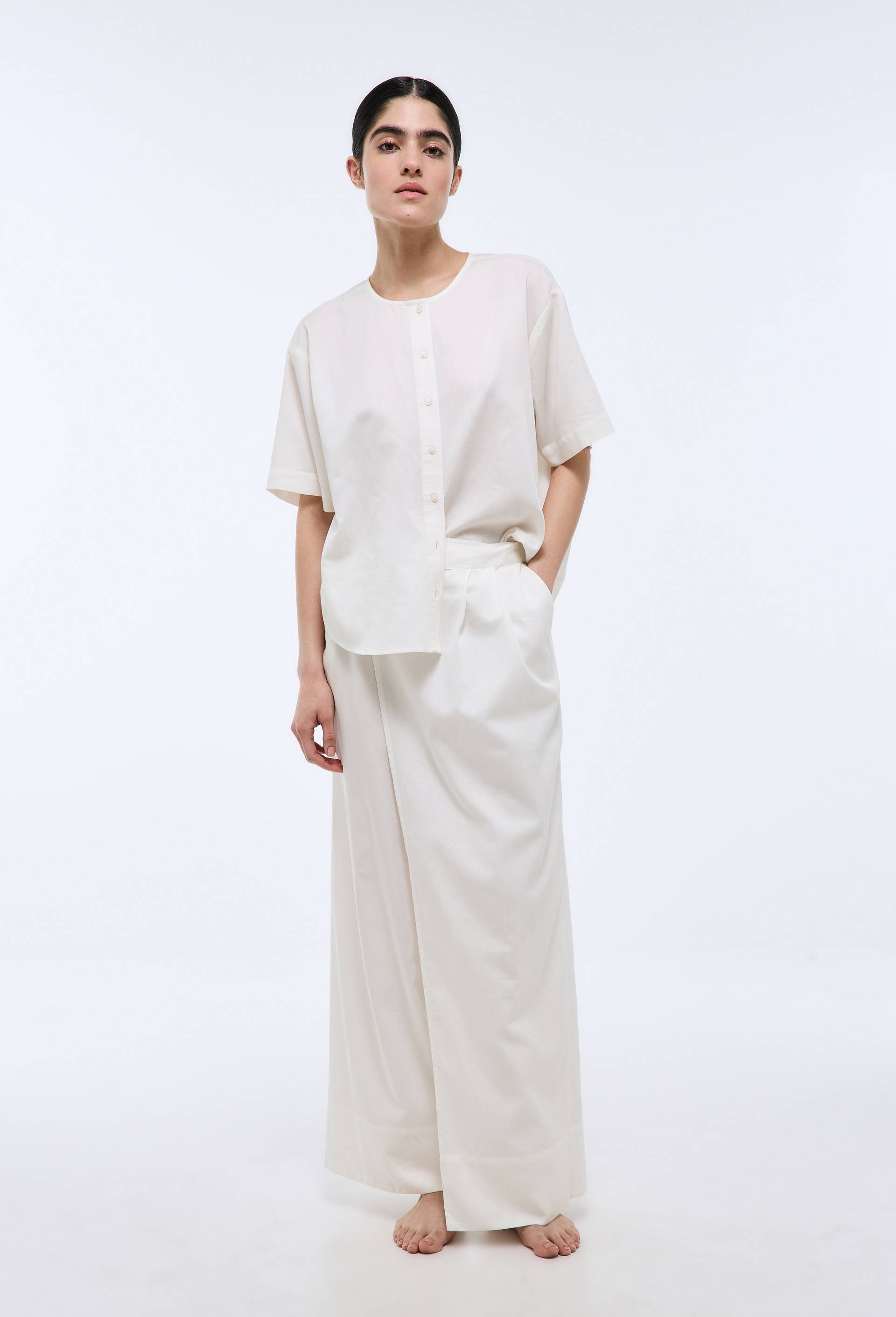 Pantalon uni en satin de coton bio GOTS, Ecru, large image number 0.0