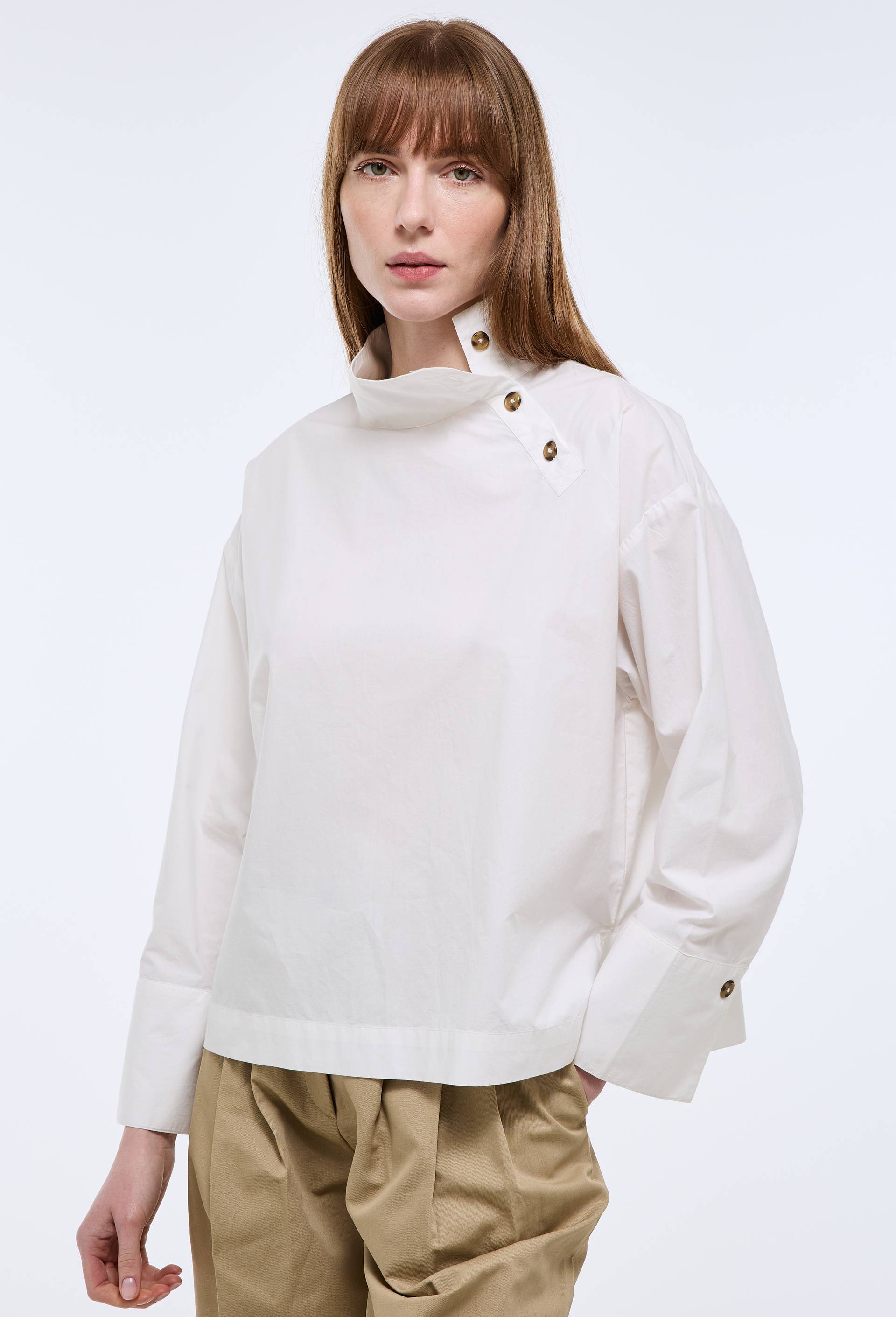 Blouse manches longues col montant en coton BIO GOTS, Blanc, large image number 0