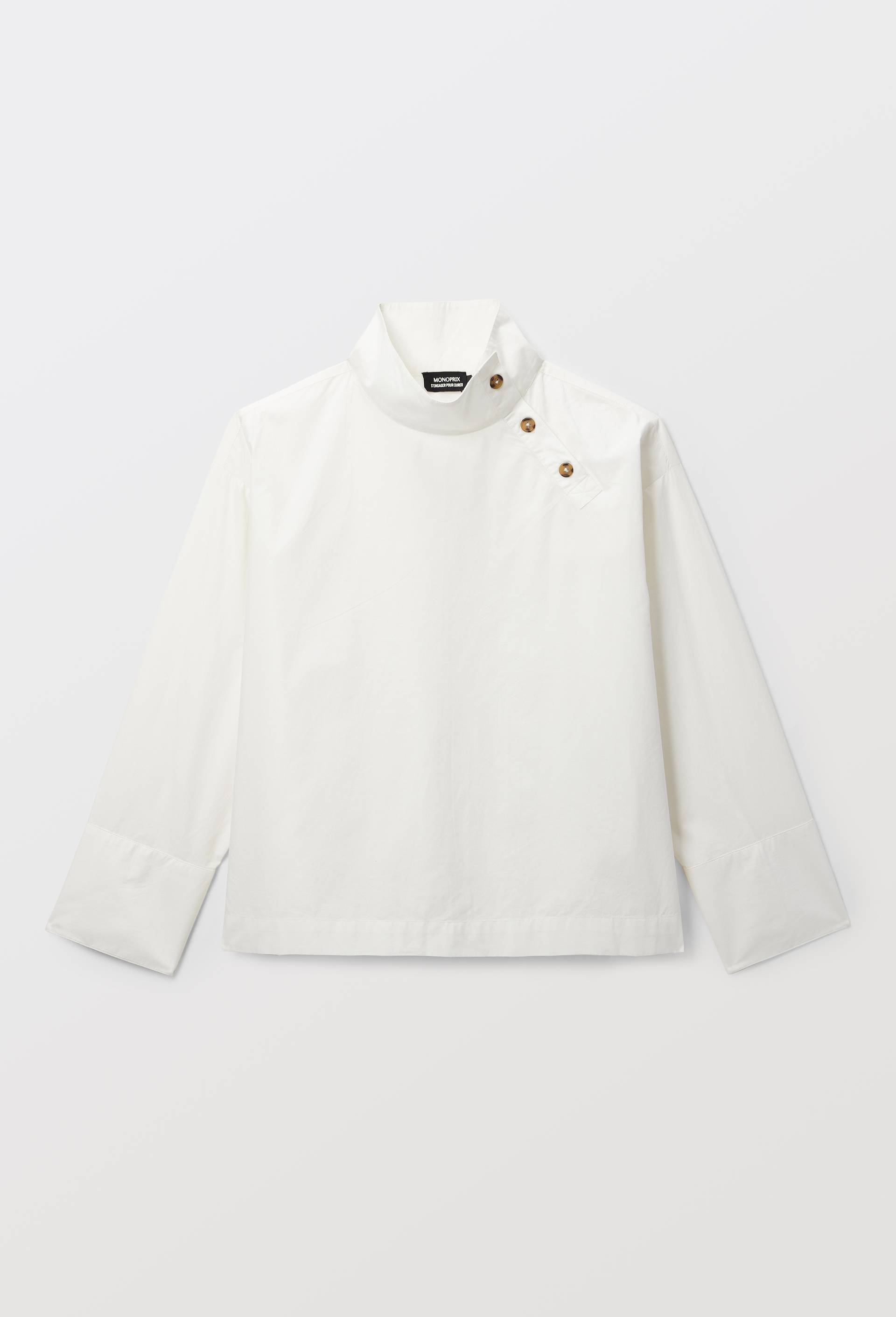 Blouse manches longues col montant en coton BIO GOTS, Blanc, large image number 3.0