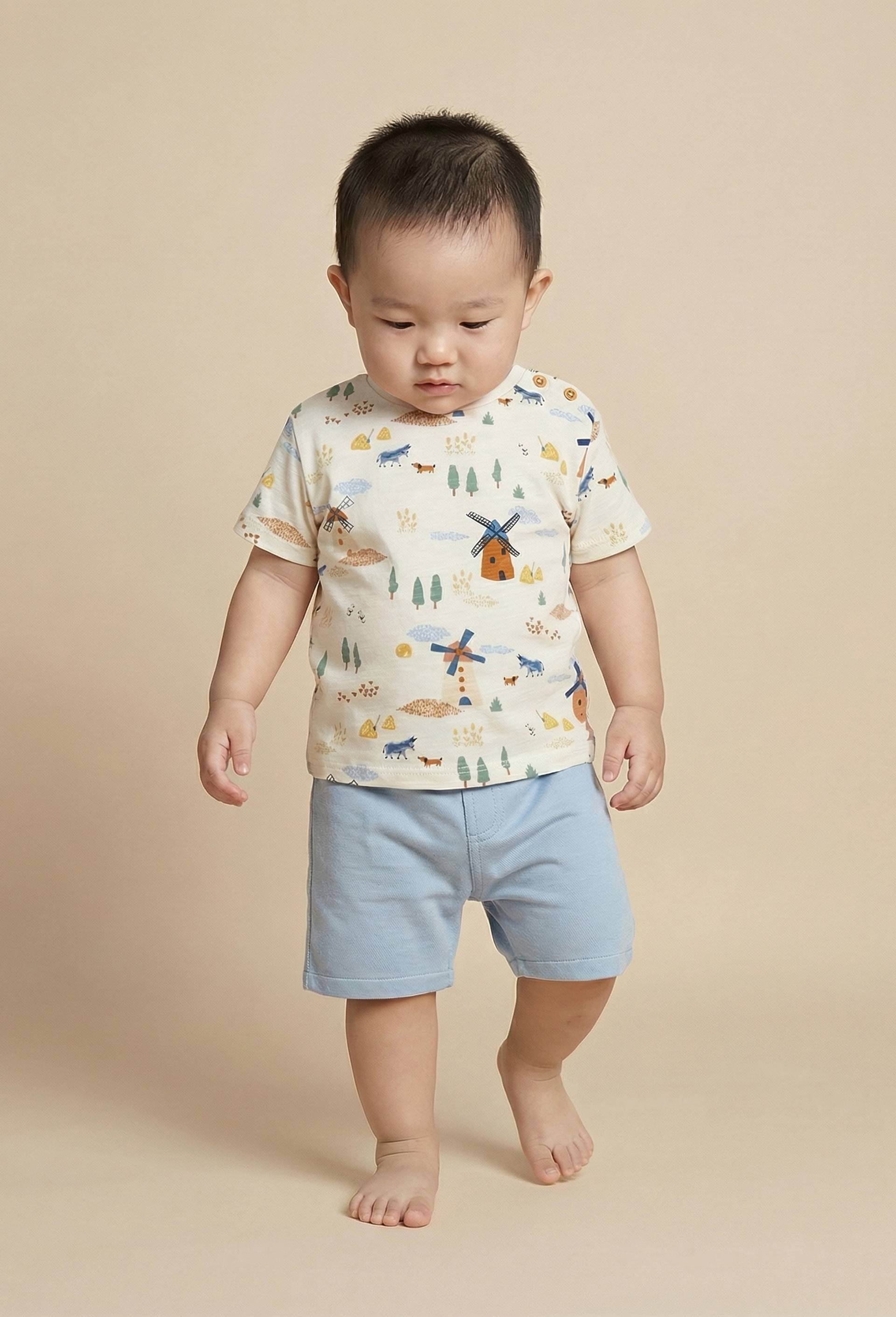 Lot de 2 t-shirts manches courtes imprim&eacute; et uni en coton BIO GOTS, Beige clair, large image number 0