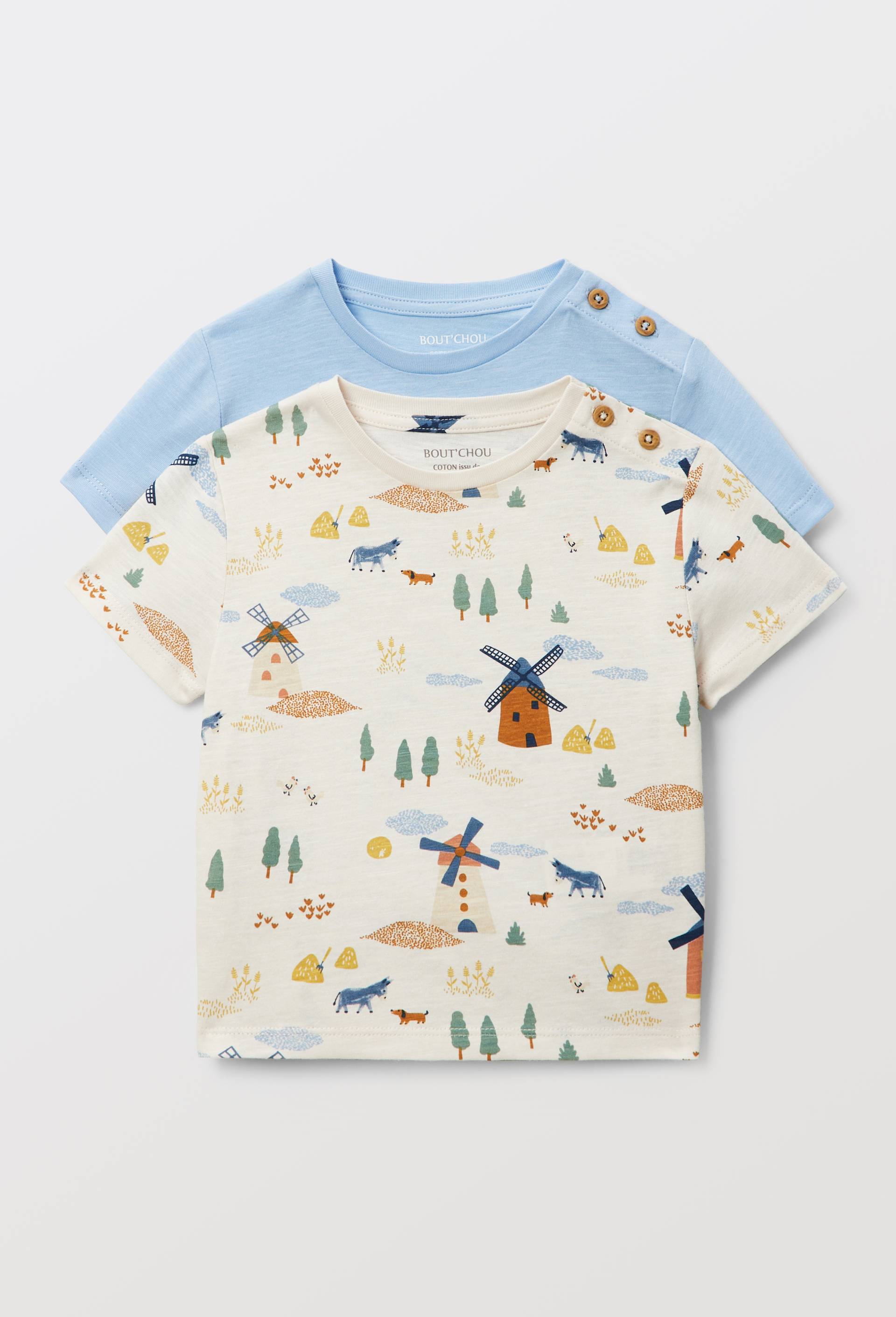Lot de 2 t-shirts manches courtes imprim&eacute; et uni en coton BIO GOTS, Beige clair, large image number 1