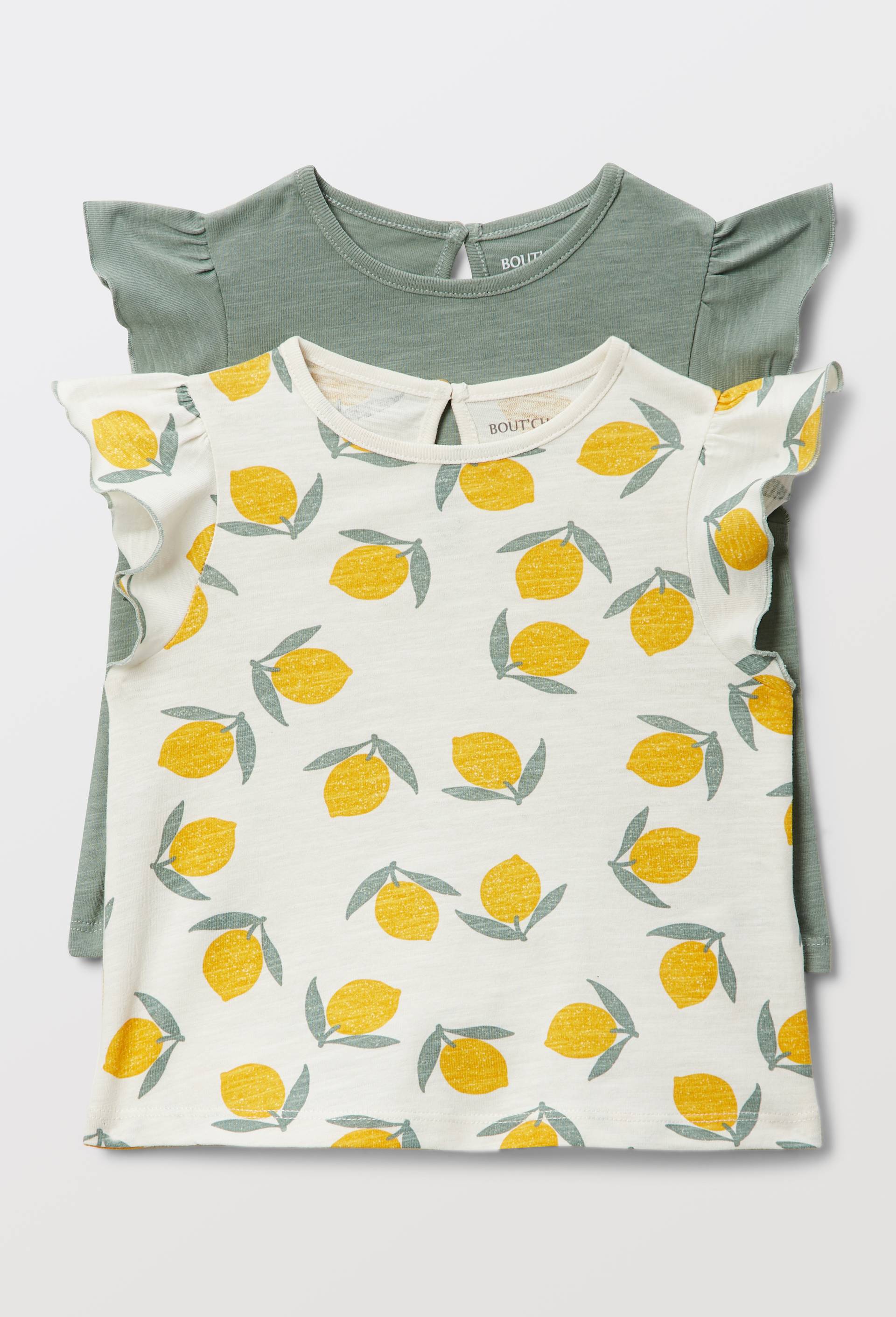 Lot de 2 t-shirt manches courtes &agrave; volants uni et imprim&eacute; en coton BIO GOTS, Beige clair, large image number 1.0
