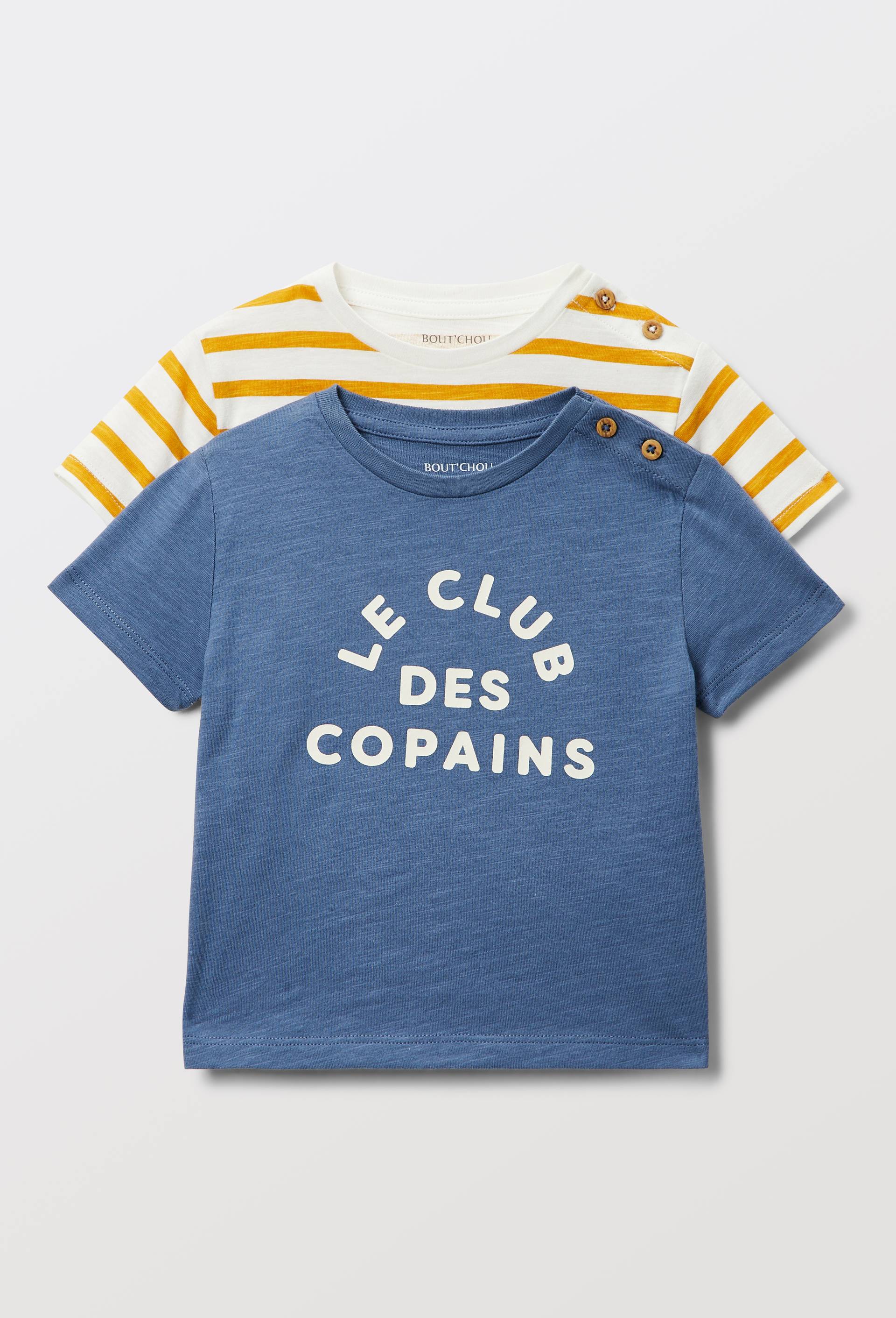 Lot de 2 t-shirts manches courtes imprim&eacute; et ray&eacute; en coton BIO GOTS, Ecru, large image number 1