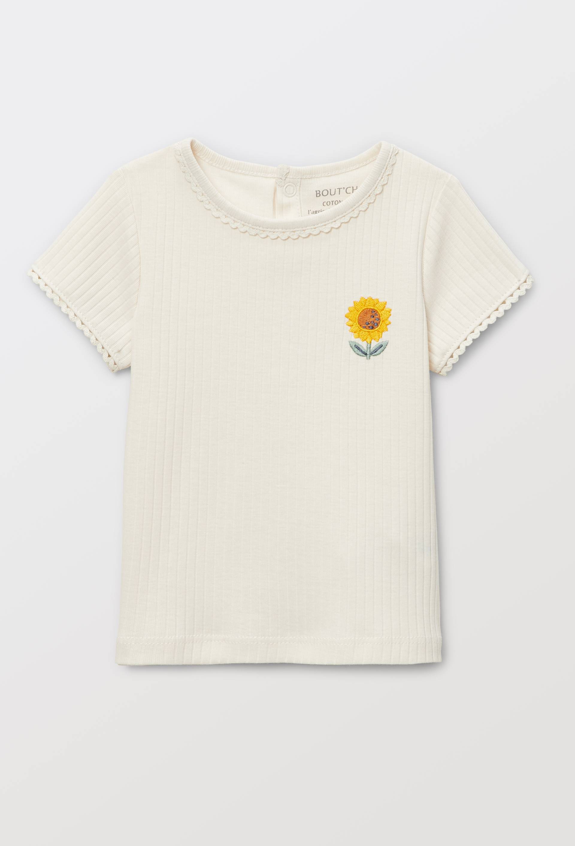 T-shirt manches courtes avec broderie maille c&ocirc;tel&eacute;e en coton BIO GOTS, Blanc, large image number 0