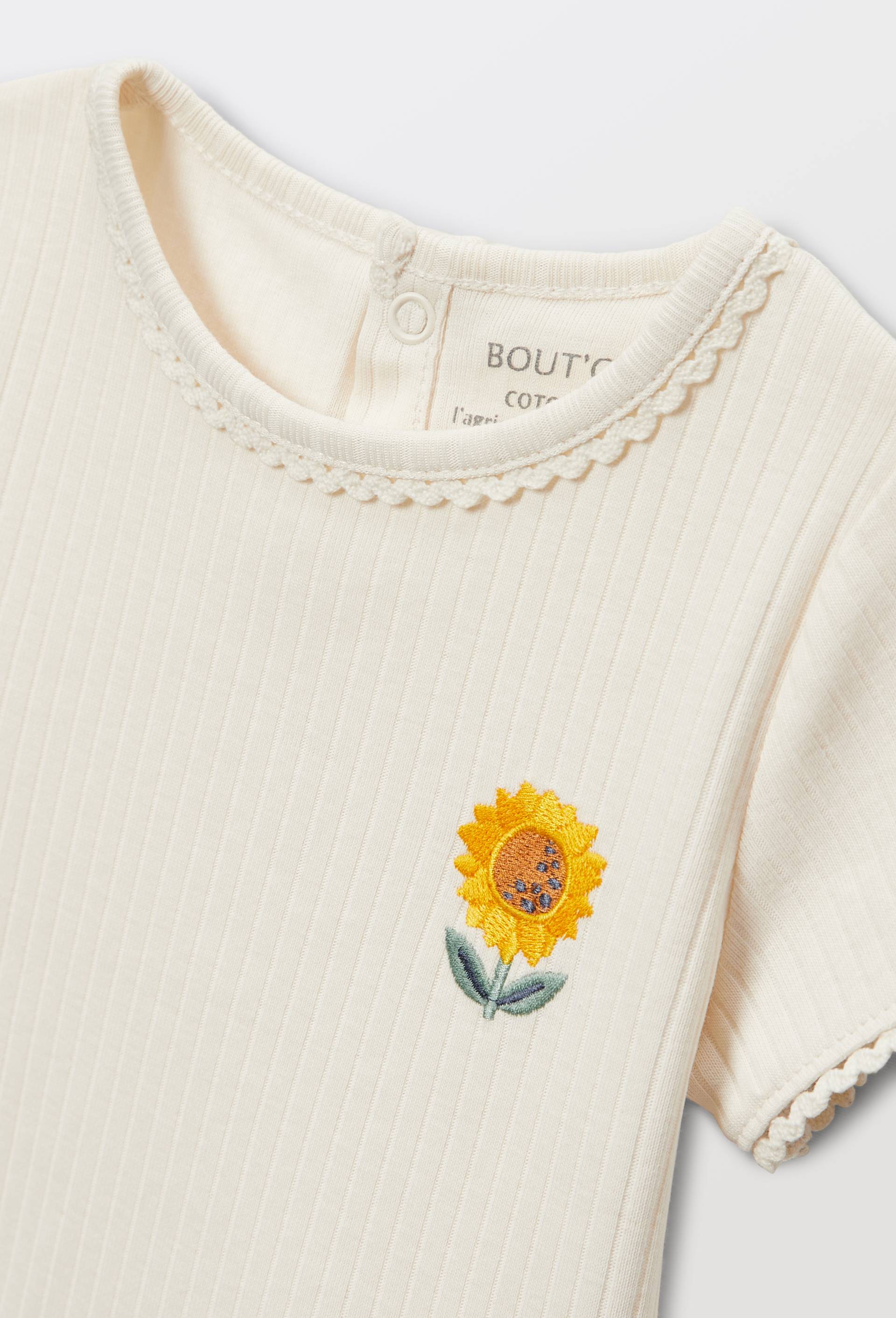 T-shirt manches courtes avec broderie maille c&ocirc;tel&eacute;e en coton BIO GOTS, Blanc, large image number 3.0