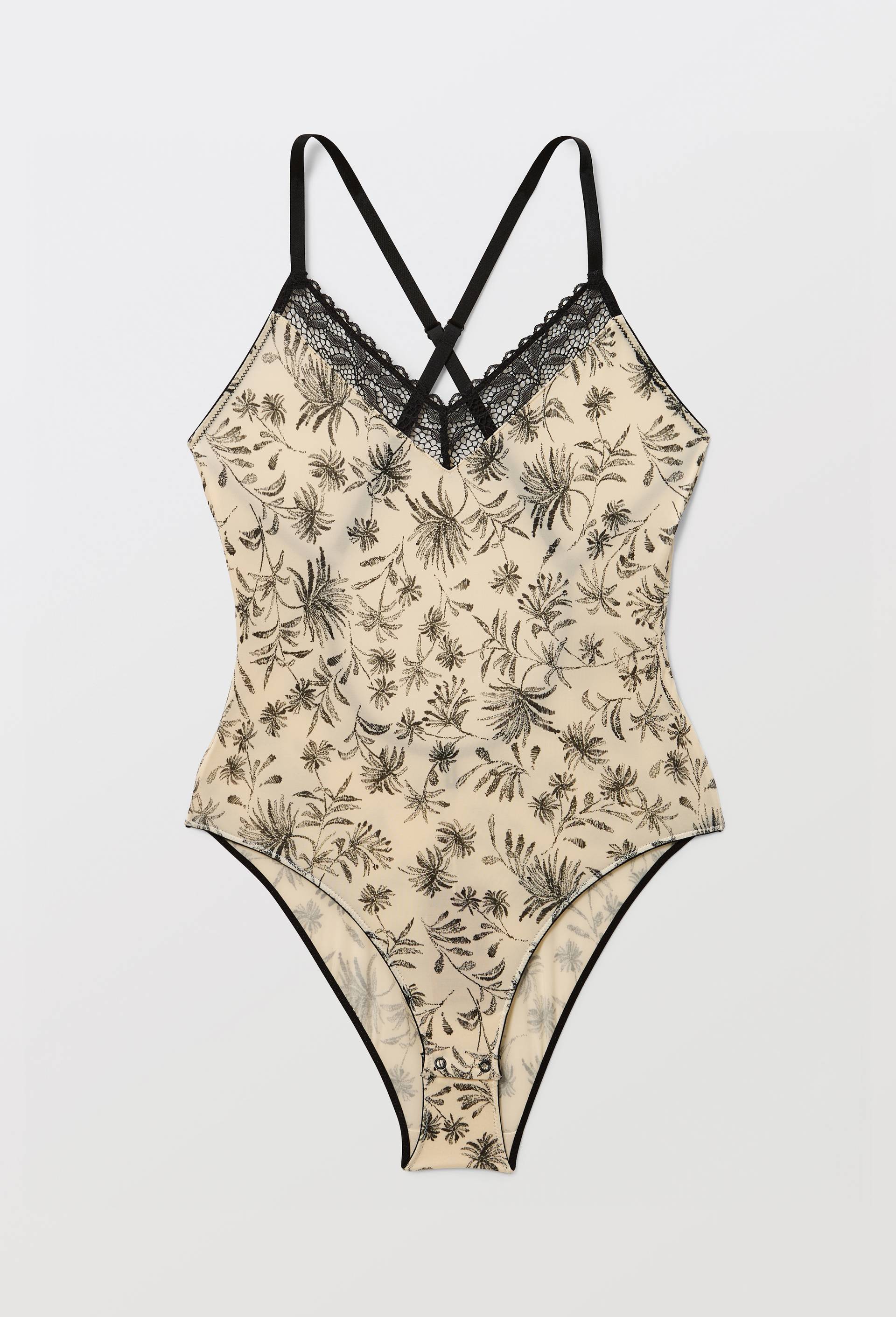 Body fines bretelles LUNA en microfibre imprim&eacute;e et dentelle, Beige clair, large image number 3