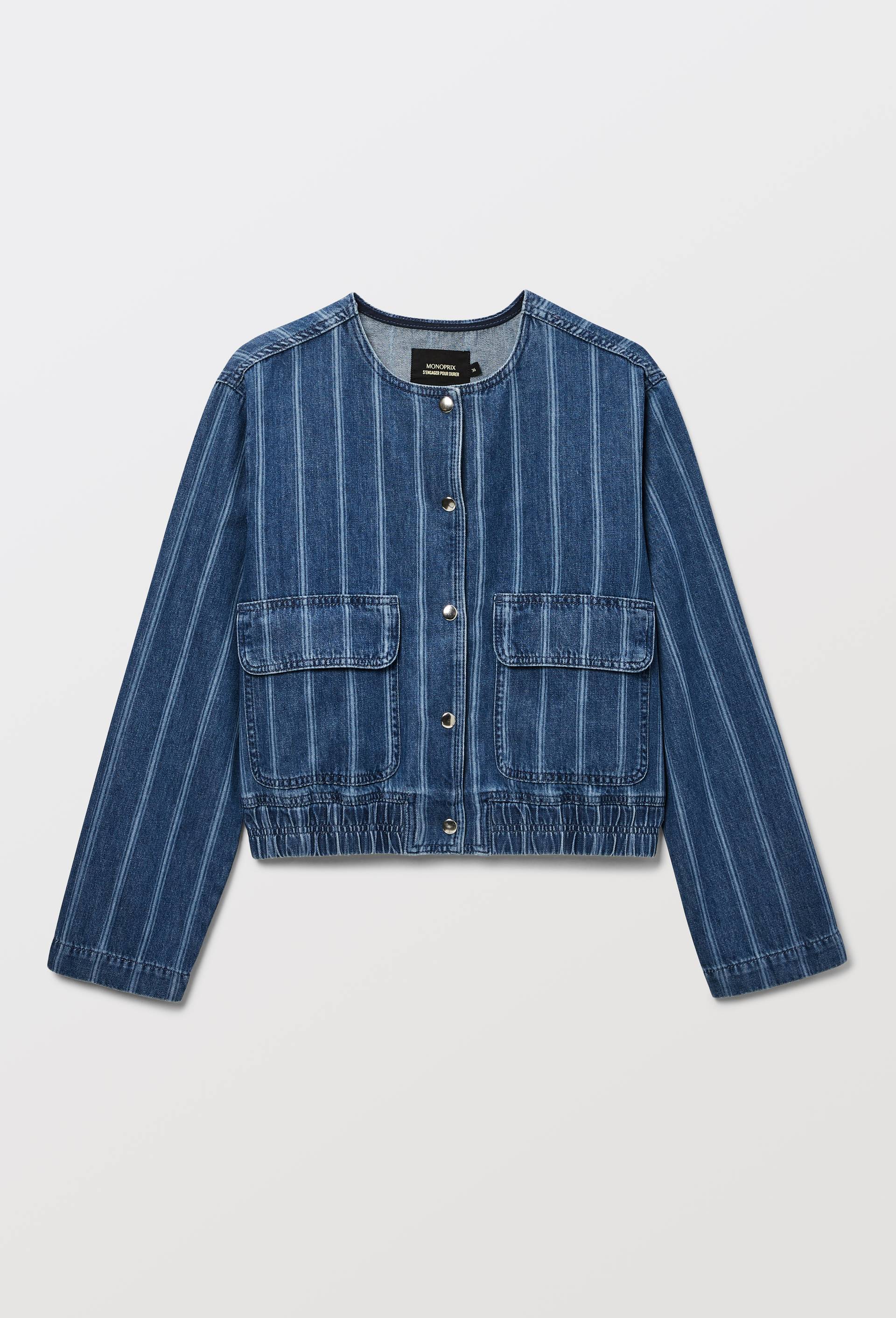 Veste courte en denim ray&eacute; contenant du coton, Bleu, large image number 3.0