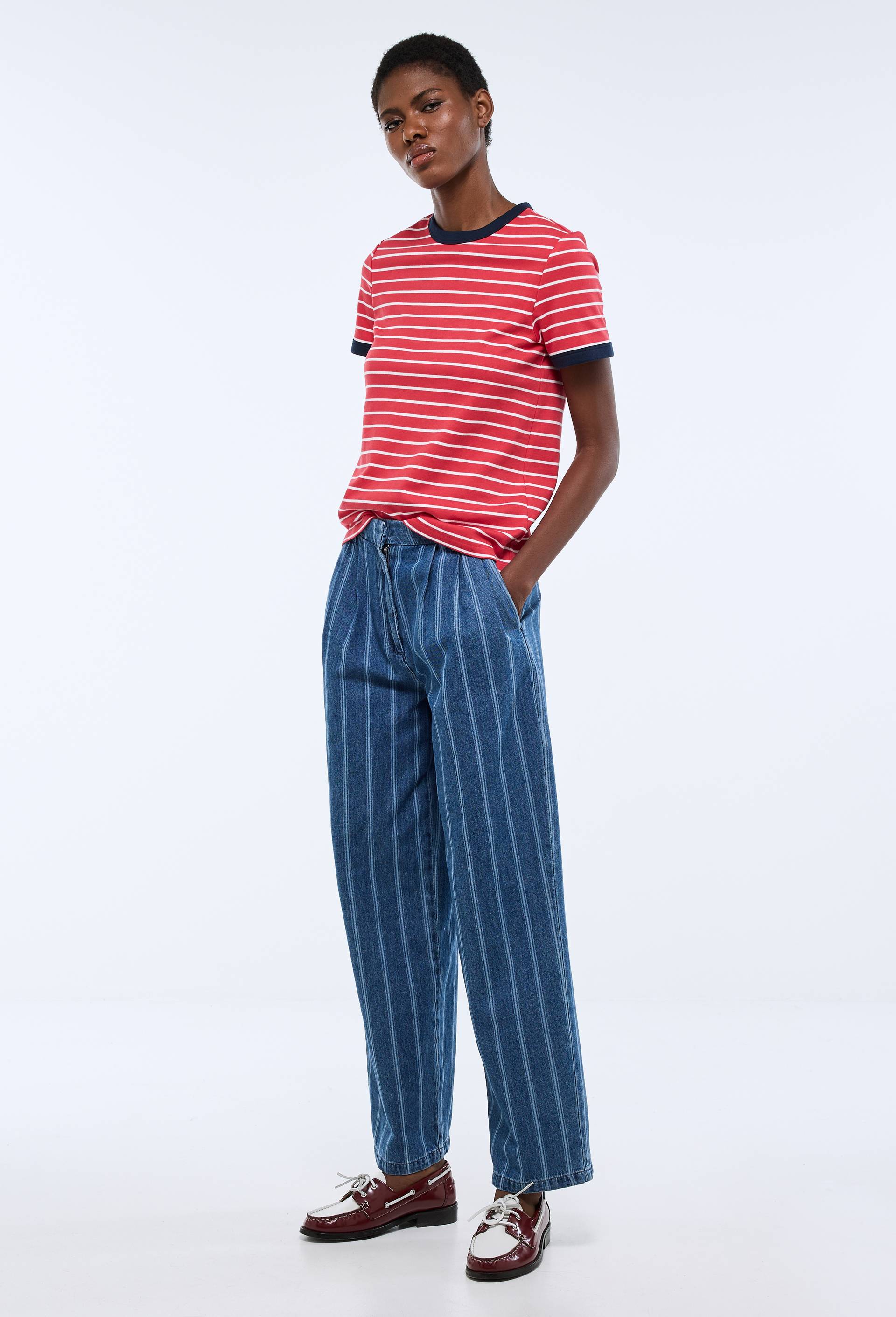 Pantalon large ray&eacute; en coton, Bleu, large image number 0